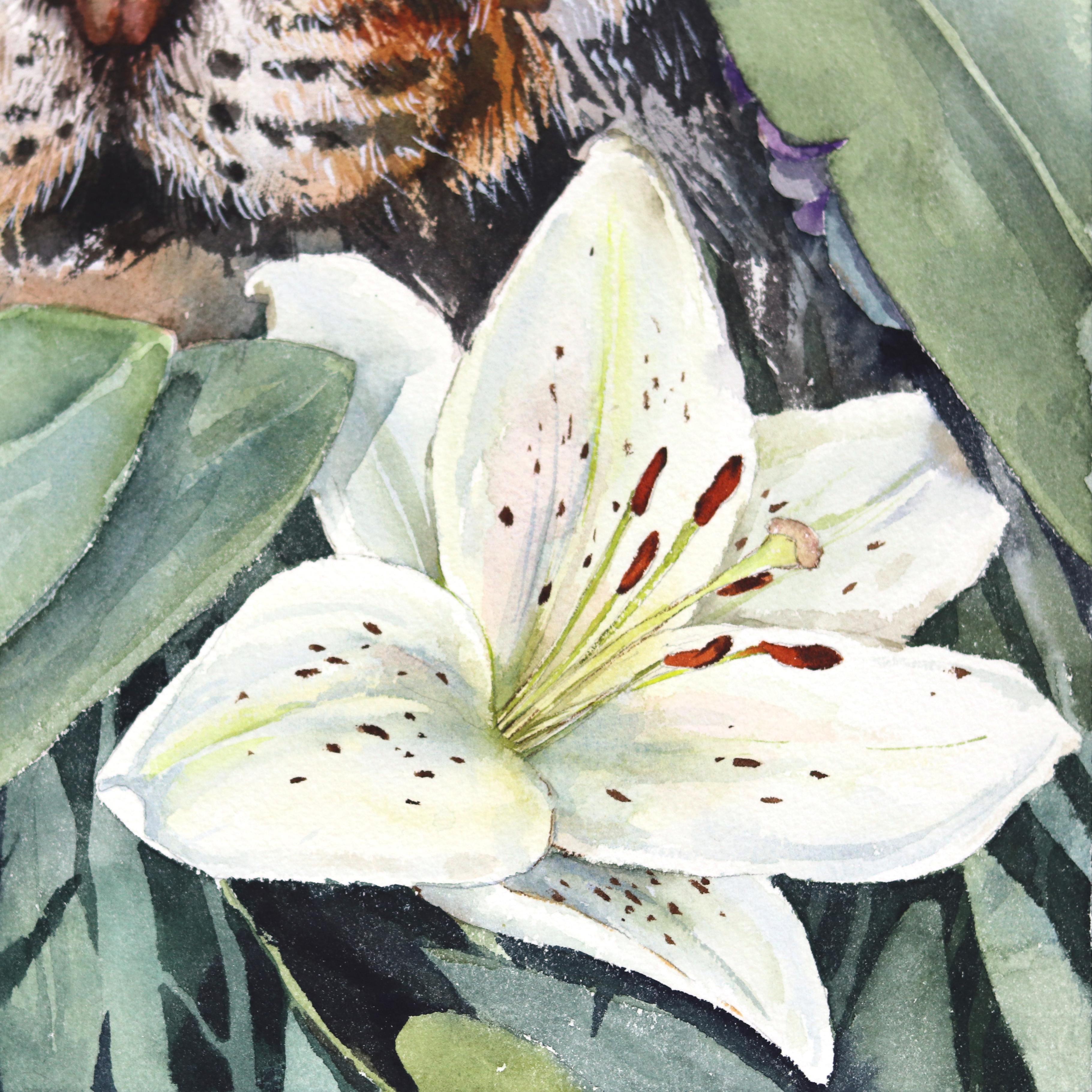 Un Tigre y un Colibrí - Acuarela Floral Animal en la Naturaleza Pintura Enmarcada en venta 2
