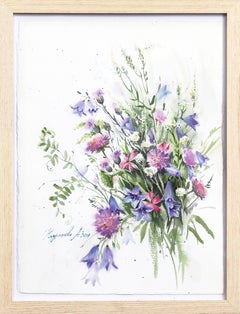 Bouquet of Wildflowers - Purple Pink Still Life Watercolor Framed Painting