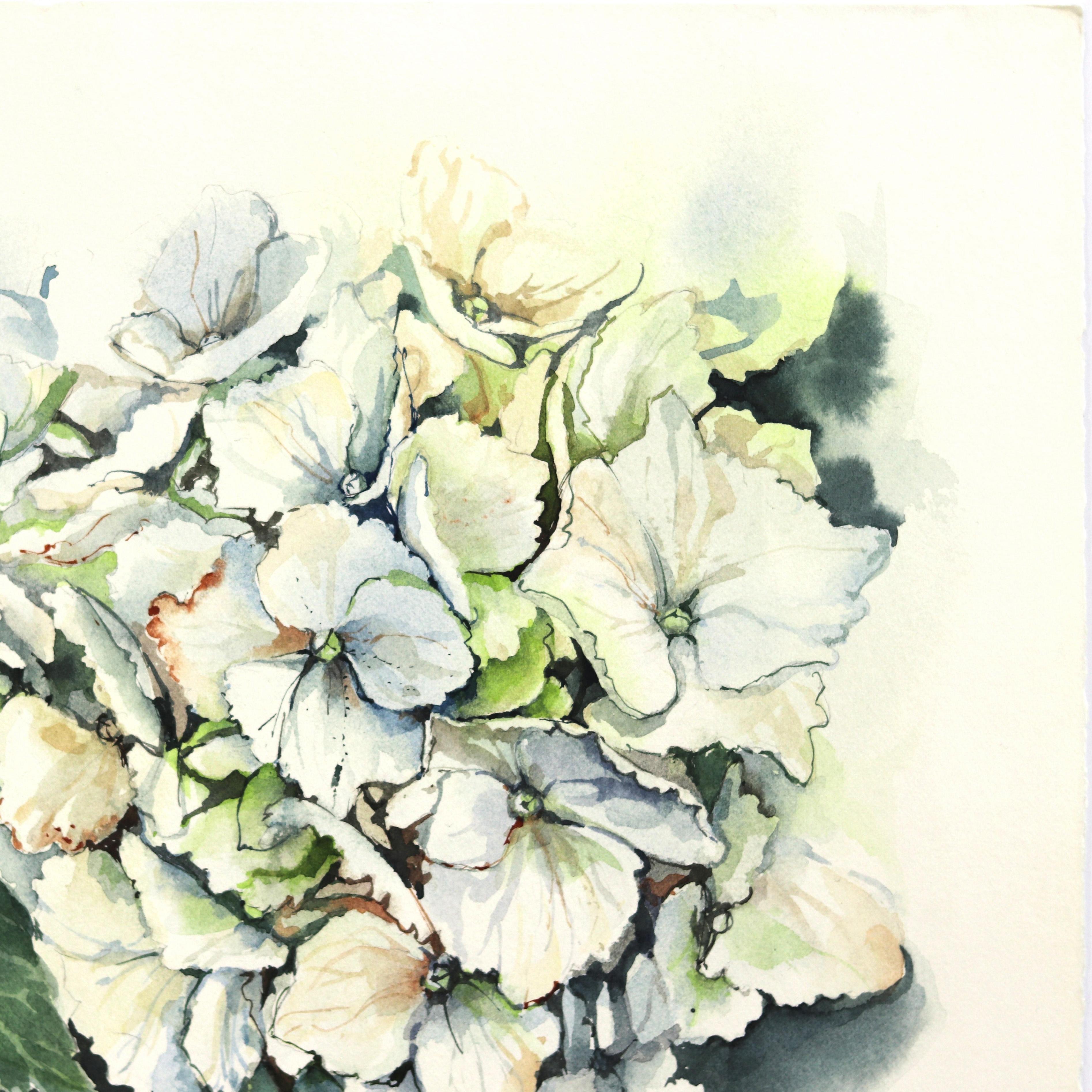 Ortensie verdi e bianche - Natura morta floreale dipinta ad acquerello - Painting Contemporaneo di Anna Kudriashova