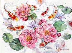 poissons koï et pivoines   -   Nature morte animalière colorée Peinture aquarelle