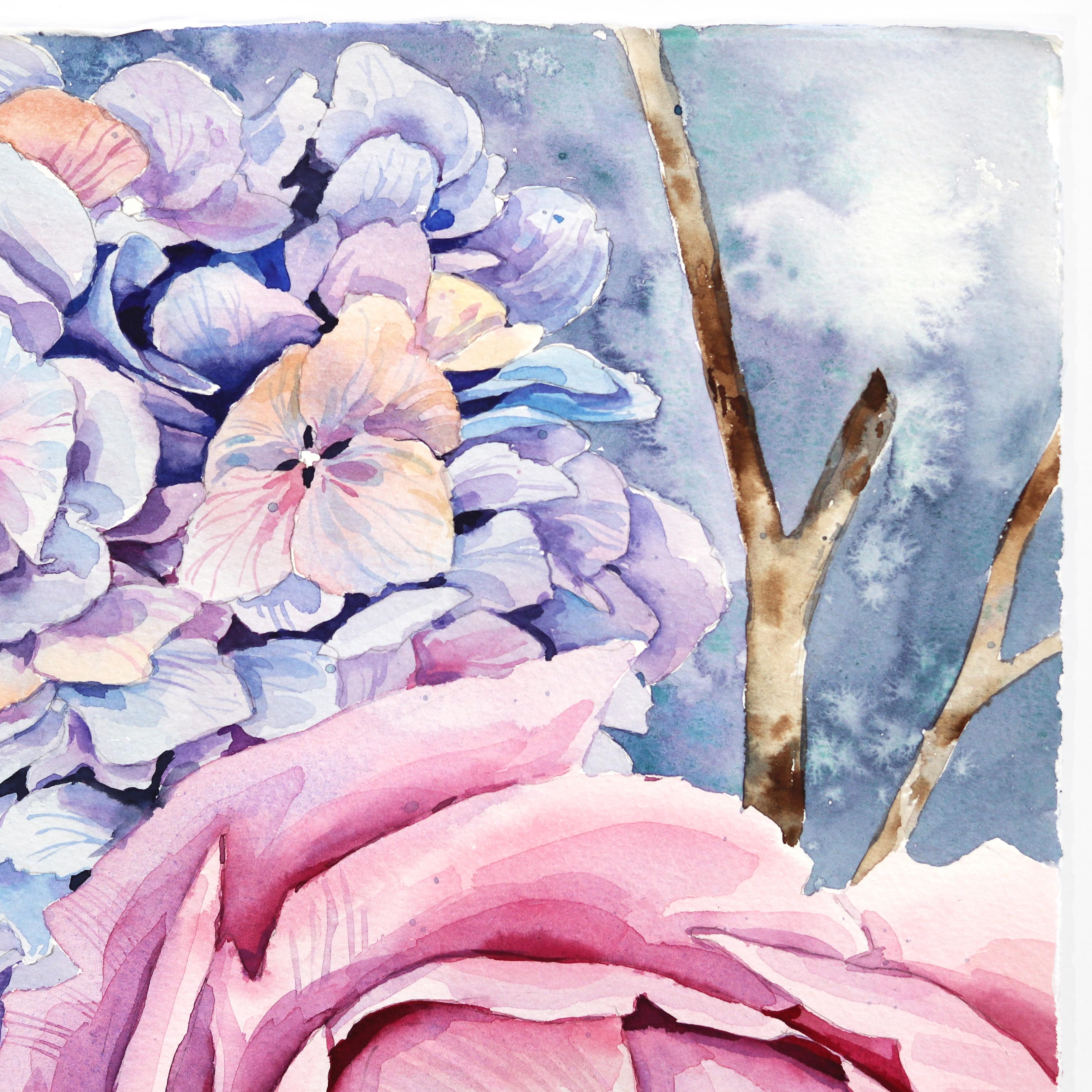 Zwei Eulen - Rosa Lila Pastell Pfingstrose Vogel Aquarellgemälde (Violett), Animal Painting, von Anna Kudriashova