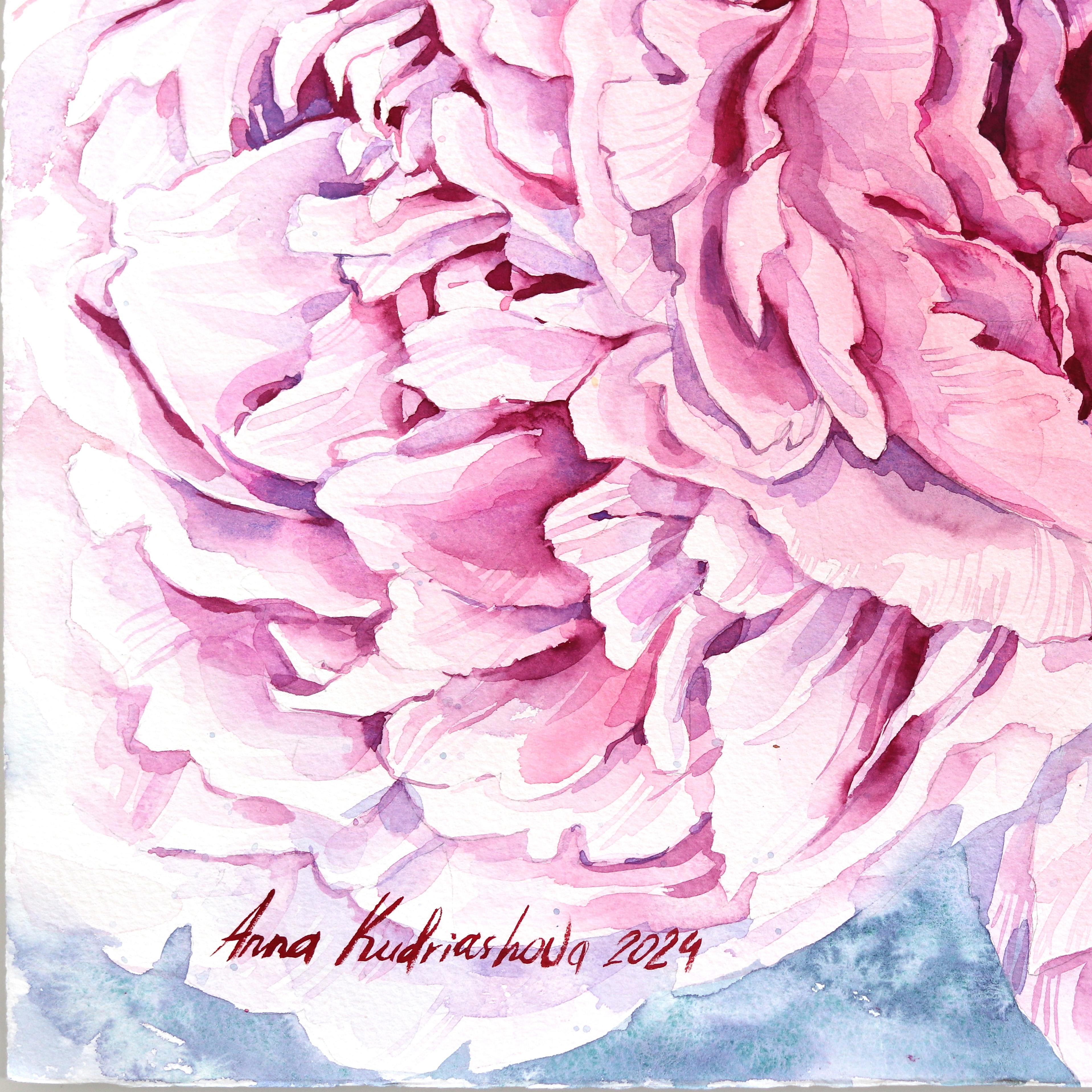 Zwei Eulen - Rosa Lila Pastell Pfingstrose Vogel Aquarellgemälde im Angebot 3