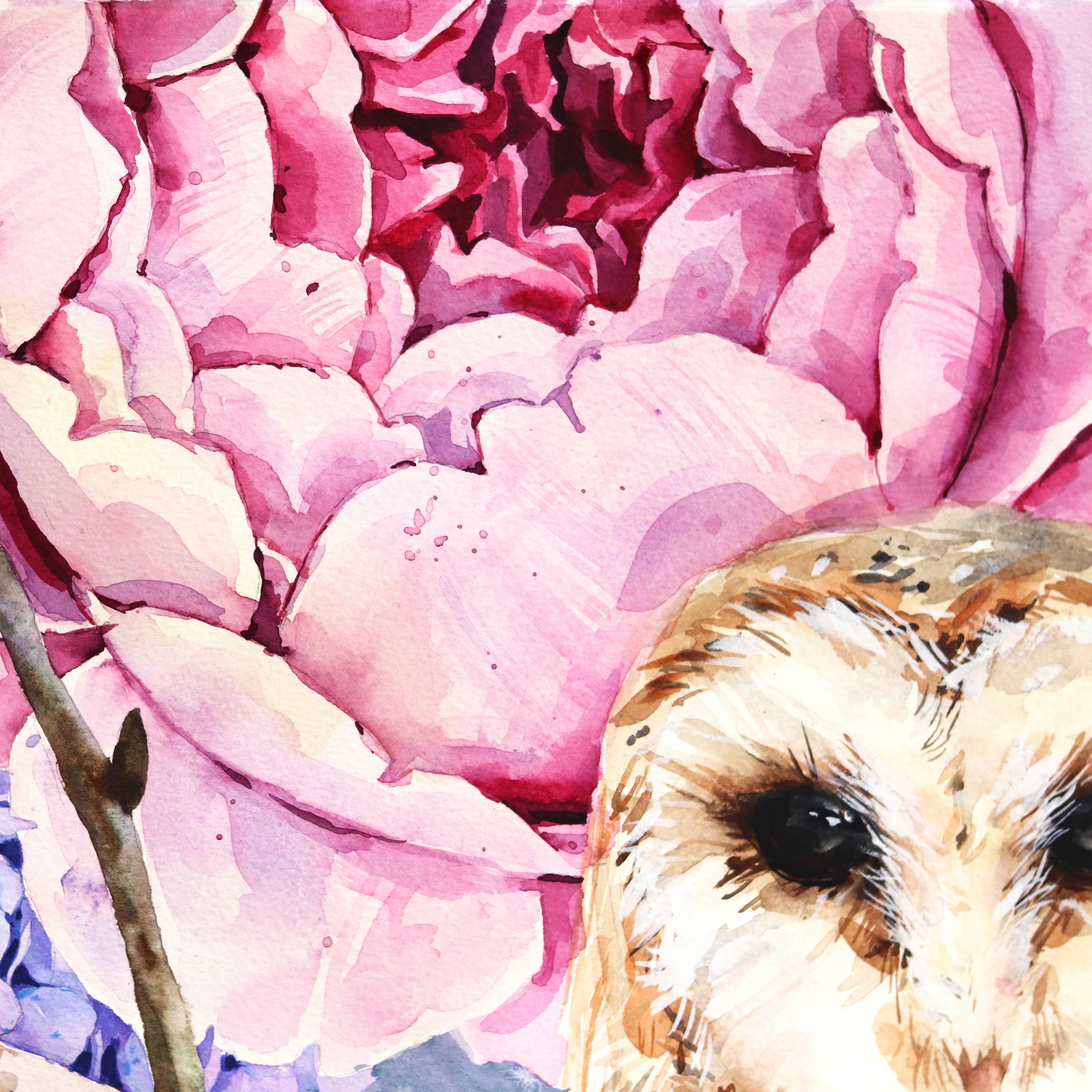 Zwei Eulen - Rosa Lila Pastell Pfingstrose Vogel Aquarellgemälde im Angebot 1