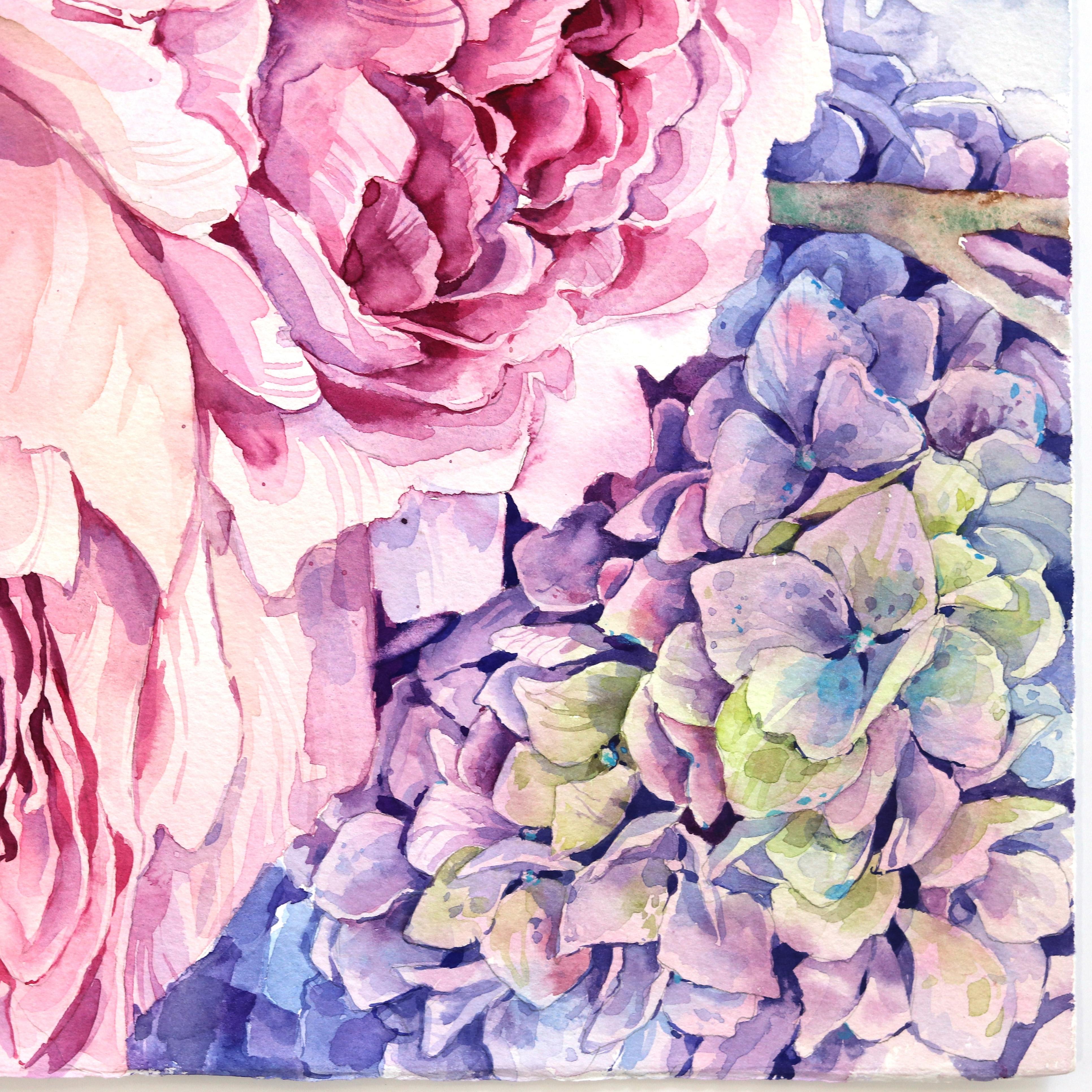 Zwei Eulen - Rosa Lila Pastell Pfingstrose Vogel Aquarellgemälde im Angebot 2