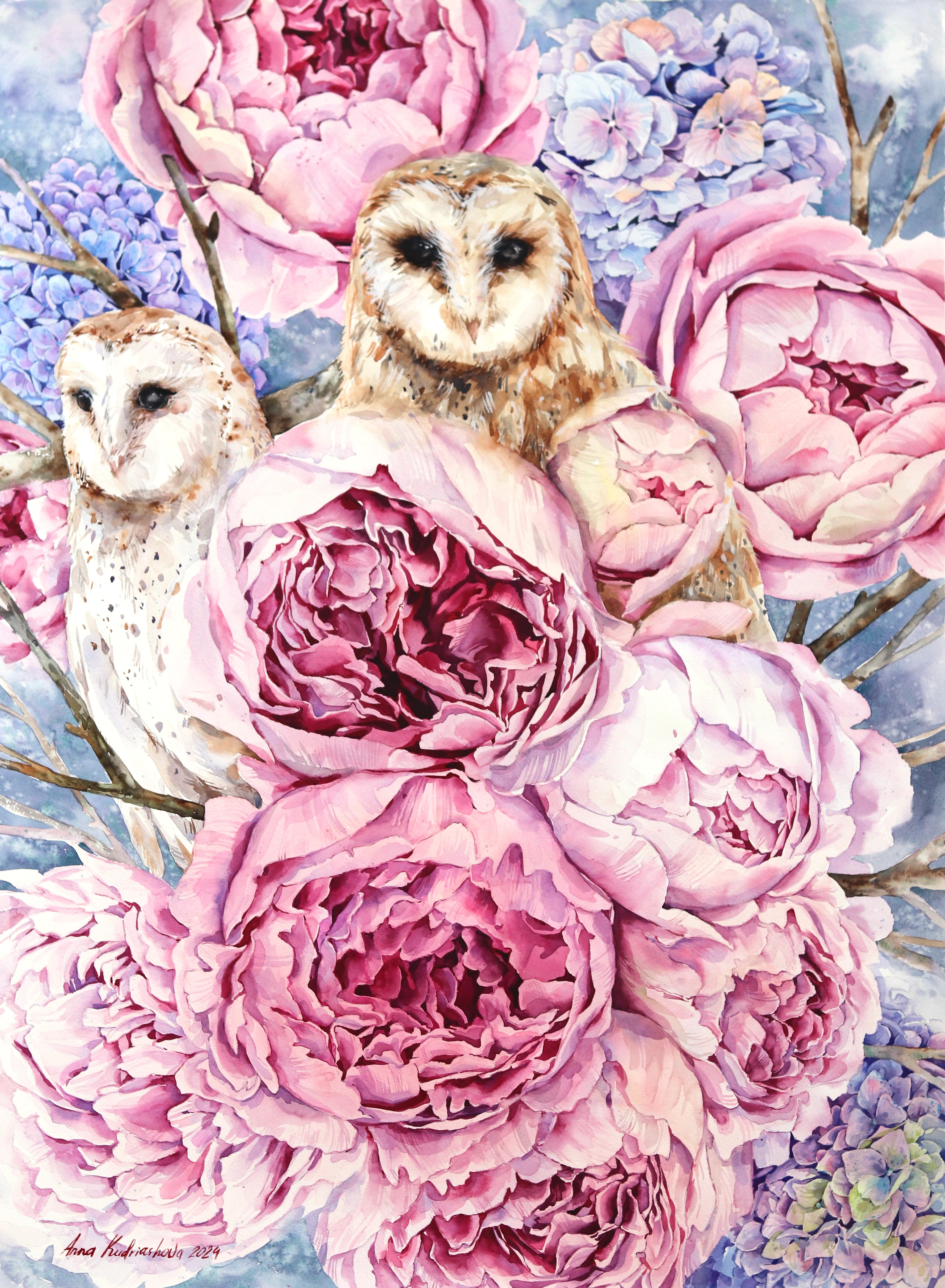 Due gufi - Pittura ad acquerello rosa viola pastello con uccelli di peonia