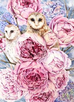Zwei Eulen - Rosa Lila Pastell Pfingstrose Vogel Aquarellgemälde