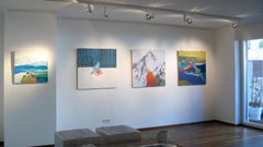 Lake with Kayaks - Modern Landscape Painting, Abstract, Lake View, Joyful, Water