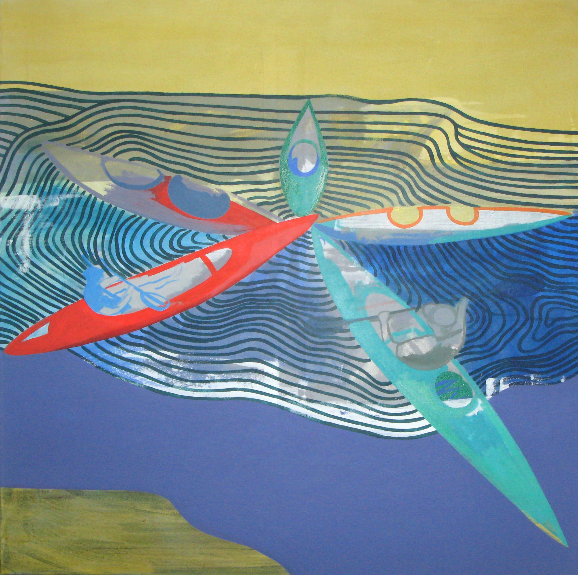 Anna Ładecka Figurative Painting - Lake with Kayaks - Modern Landscape Painting, Abstract, Lake View, Joyful, Water