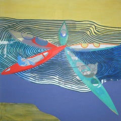 Lake with Kayaks – modernes Landschaftsgemälde, abstrakt, Seeblick, fröhlich, Wasser