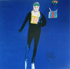 Relay - Peinture figurative de paysage moderne, joyeuse, bleu cobalt, skieur, hiver