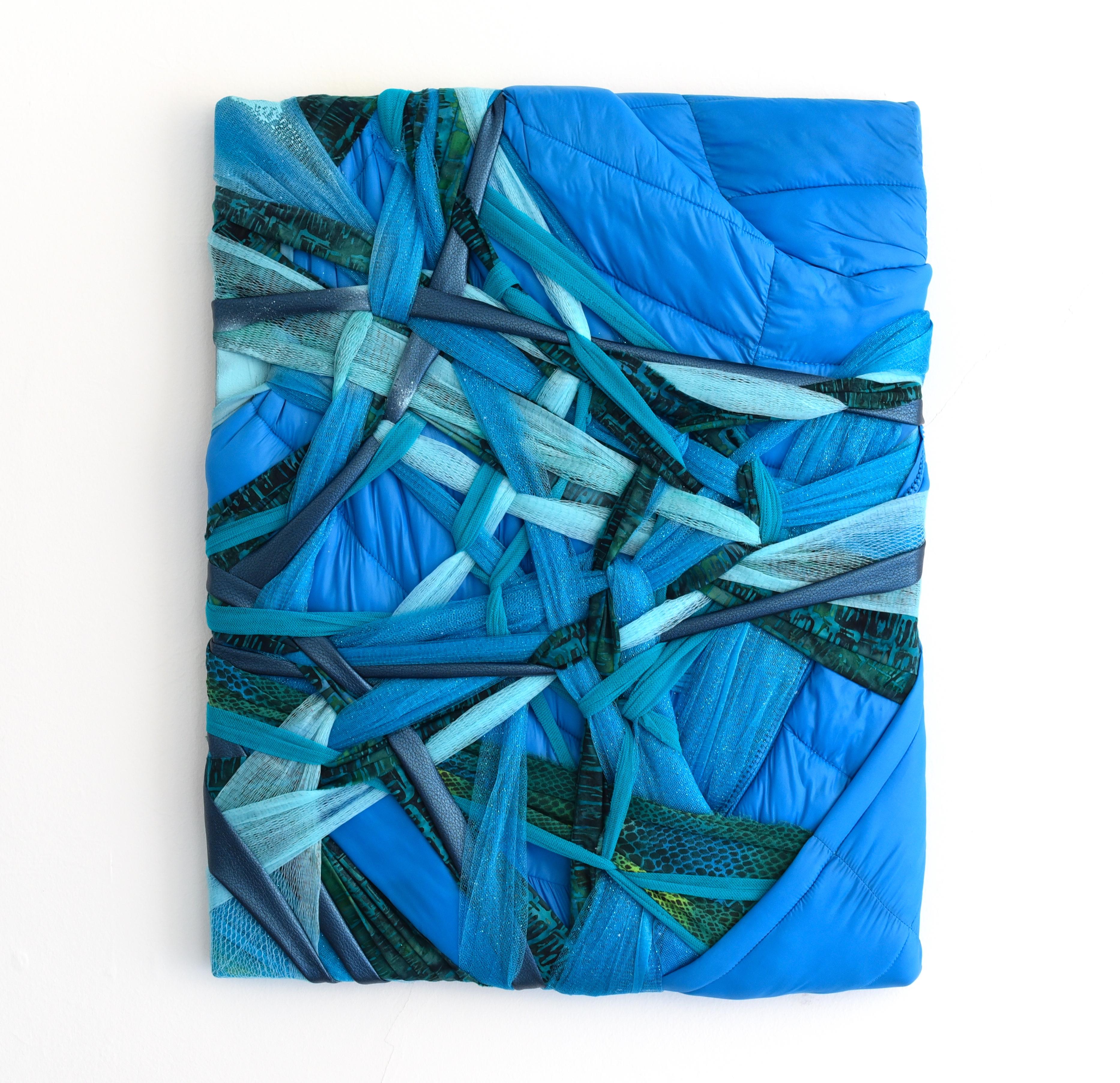Clamped Blue (blue green abstract textile wall sculpture puffy fabric mixed)