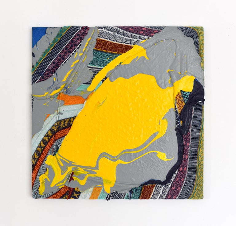 Patch (textile art yellow paint abstract painting textured wall art colourful) - Sculpture by Anna-Lena Sauer