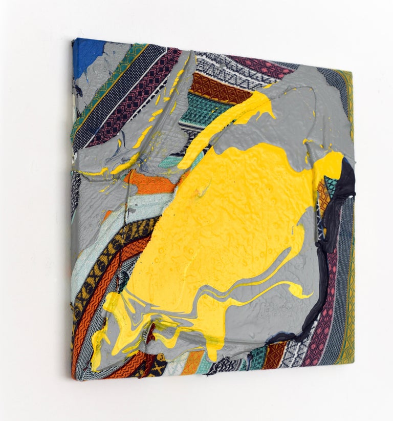 Patch (textile art yellow paint abstract painting textured wall art colourful) - Beige Abstract Sculpture by Anna-Lena Sauer