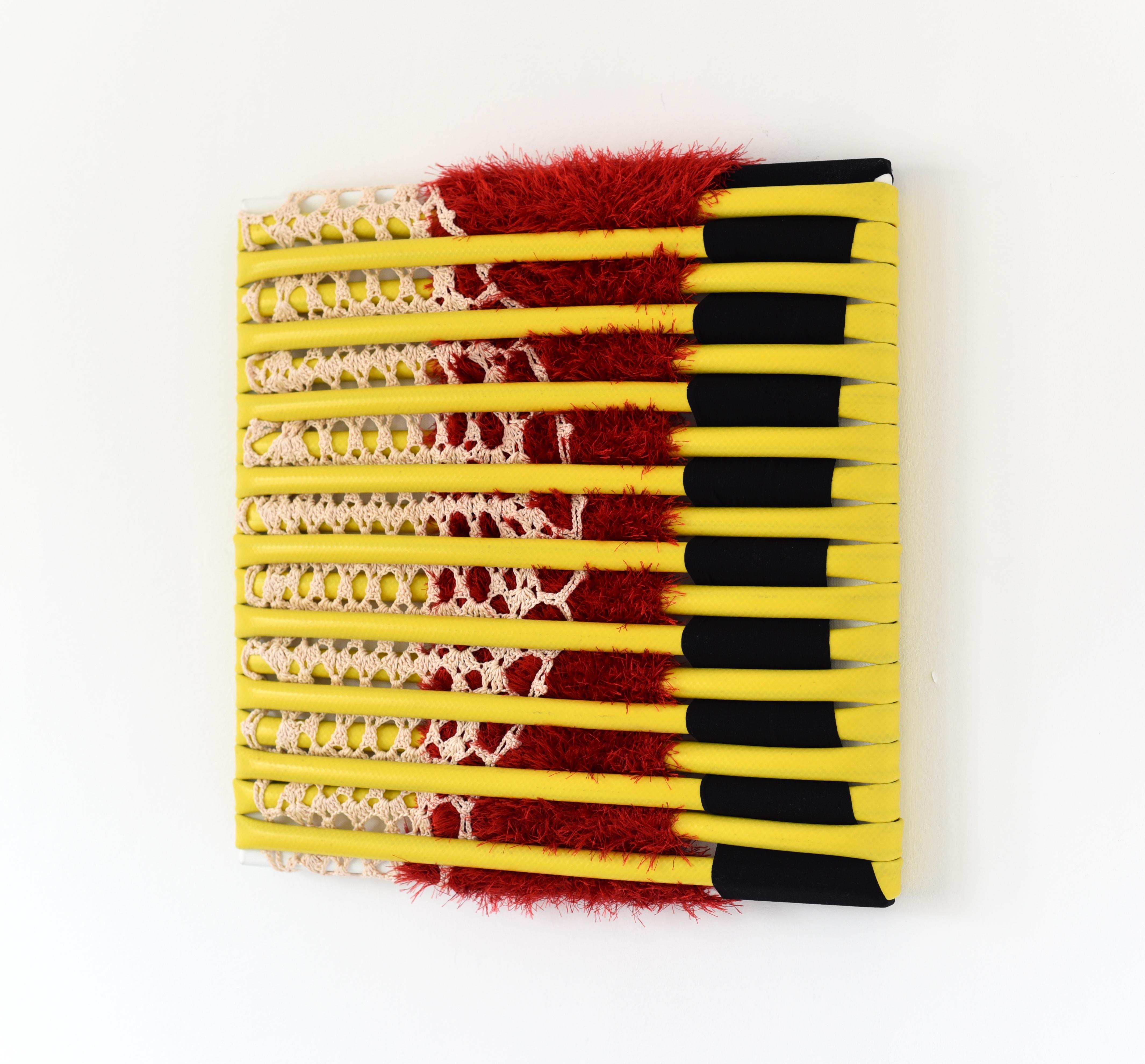 Untitled 1 (yellow, red, black, fabric wall art, abstract sculpture, stripes) - Contemporary Sculpture by Anna-Lena Sauer