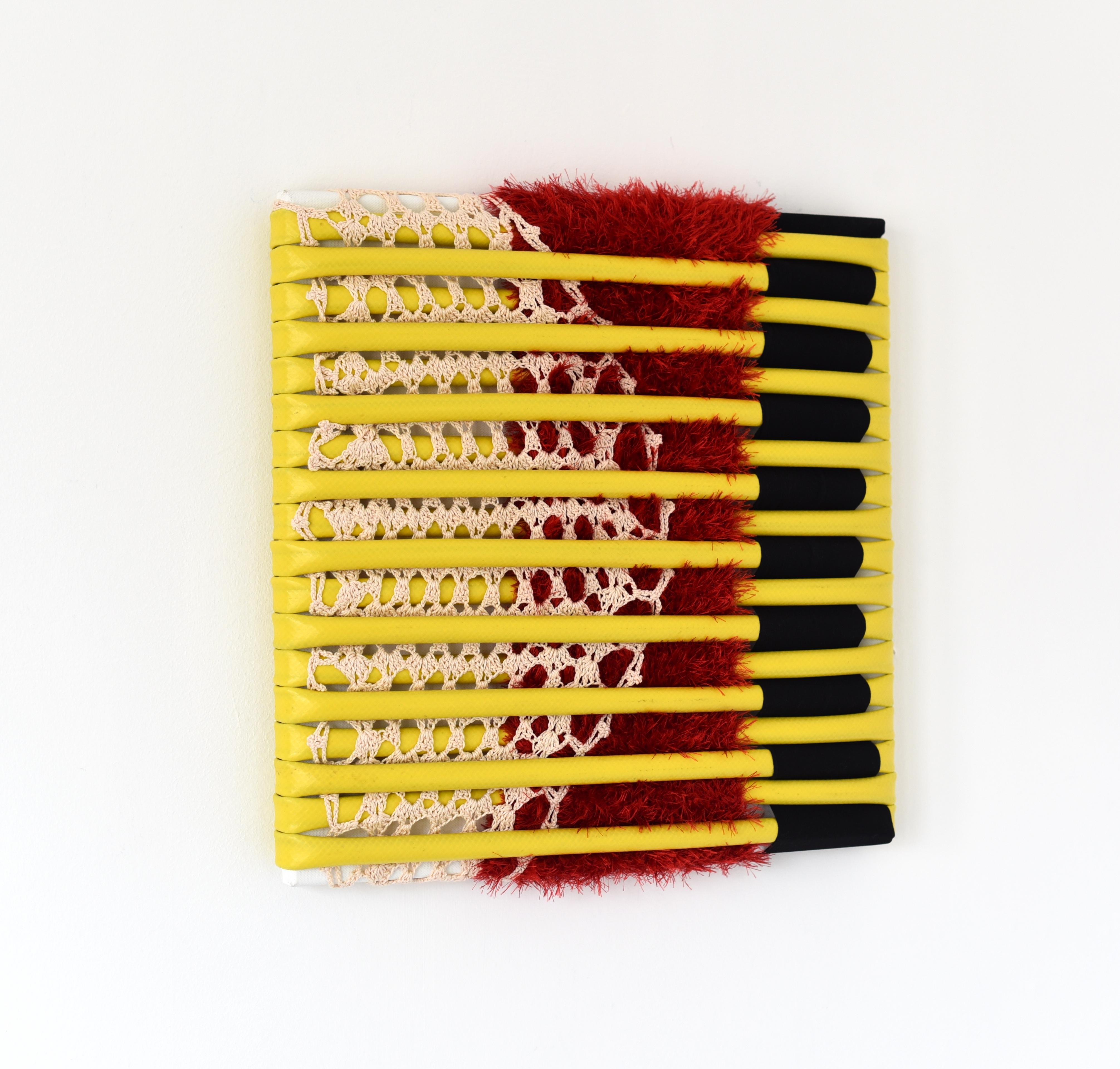 Untitled 1 (yellow, red, black, fabric wall art, abstract sculpture, stripes) - Yellow Abstract Sculpture by Anna-Lena Sauer