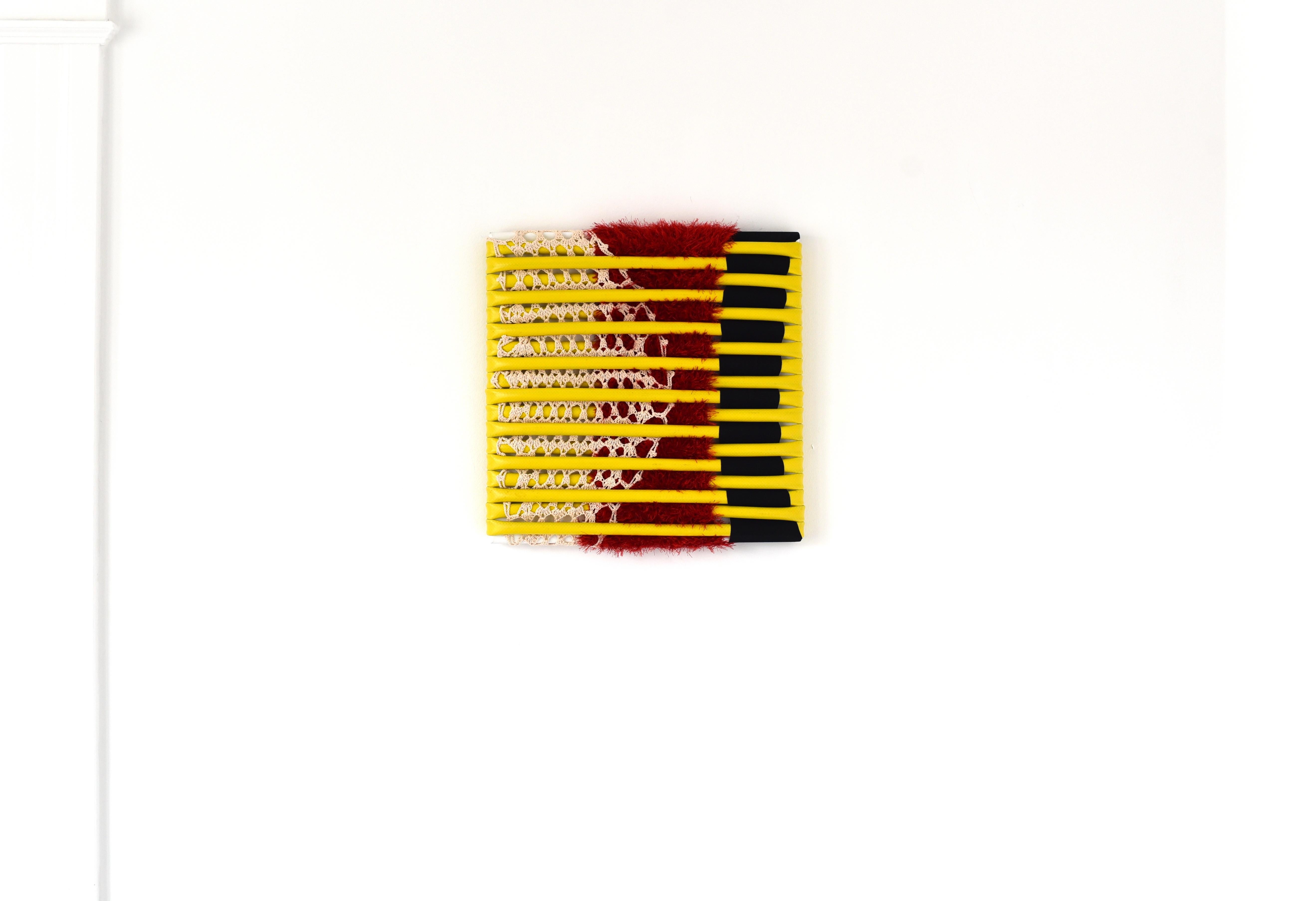 Untitled 1 (yellow, red, black, fabric wall art, abstract sculpture, stripes) 1