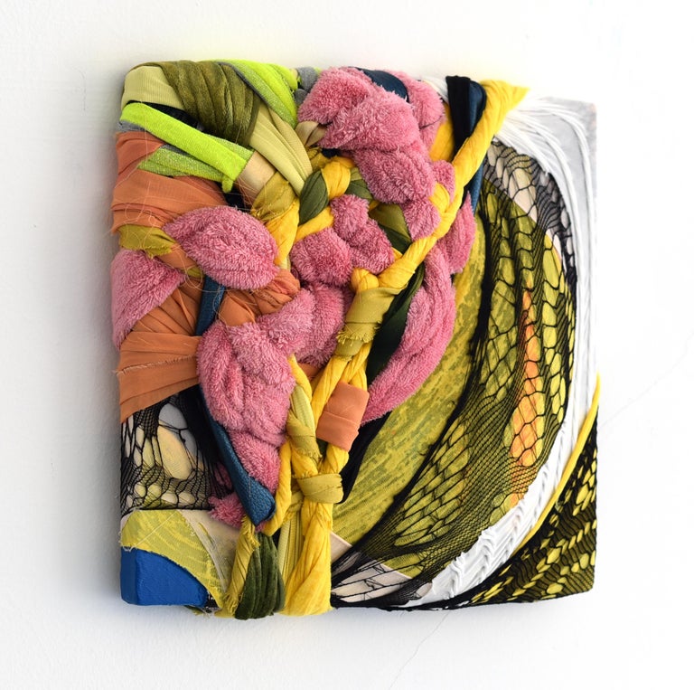 Untitled (pink yellow lime green square abstract textile fabric mixed media art) - Sculpture by Anna-Lena Sauer
