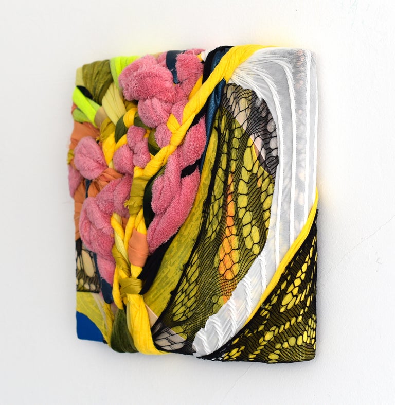 Untitled (pink yellow lime green square abstract textile fabric mixed media art) - Contemporary Sculpture by Anna-Lena Sauer