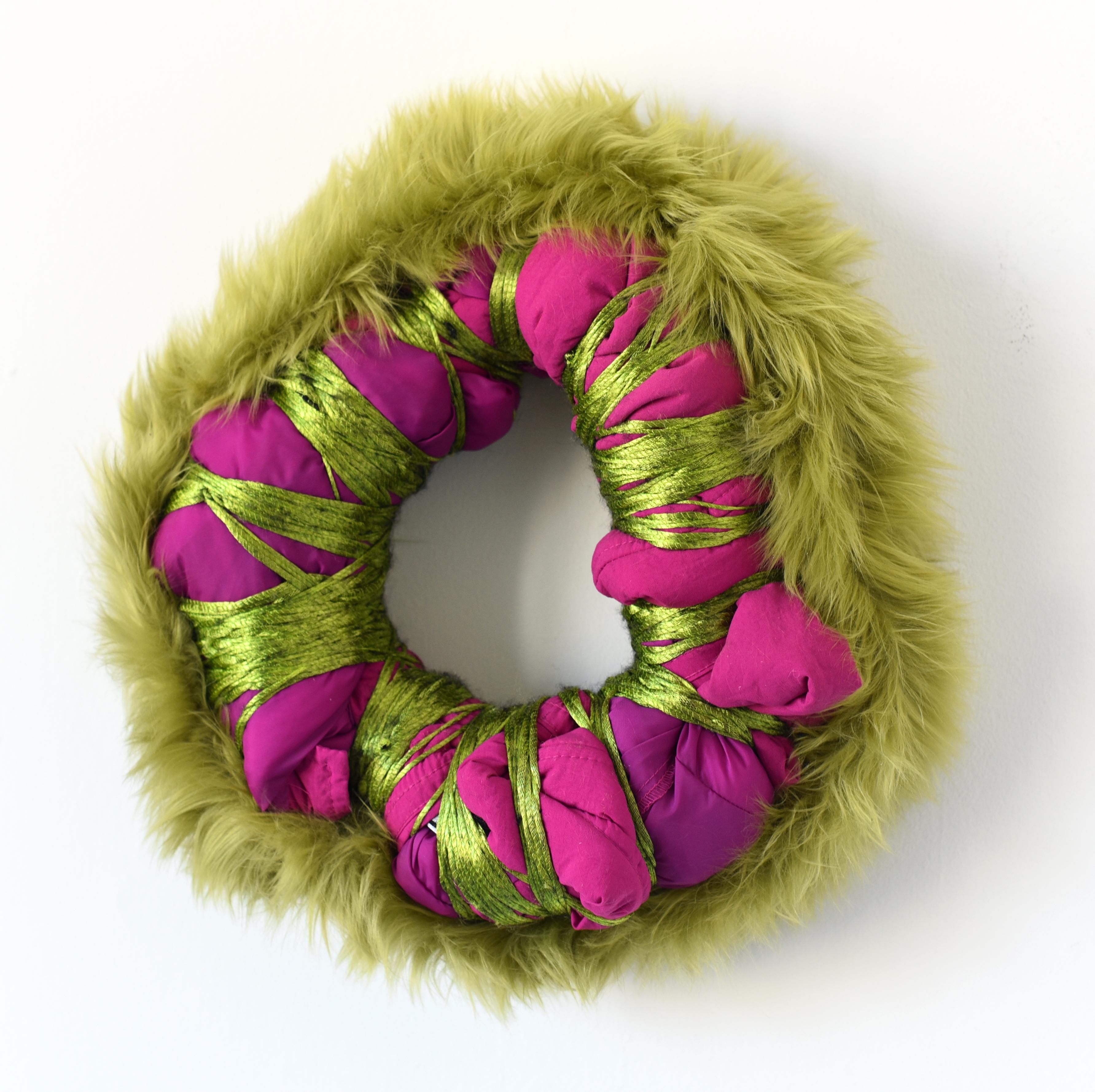  Untitled (circular wreath mixed media abstract wall sculpture fabric green pink