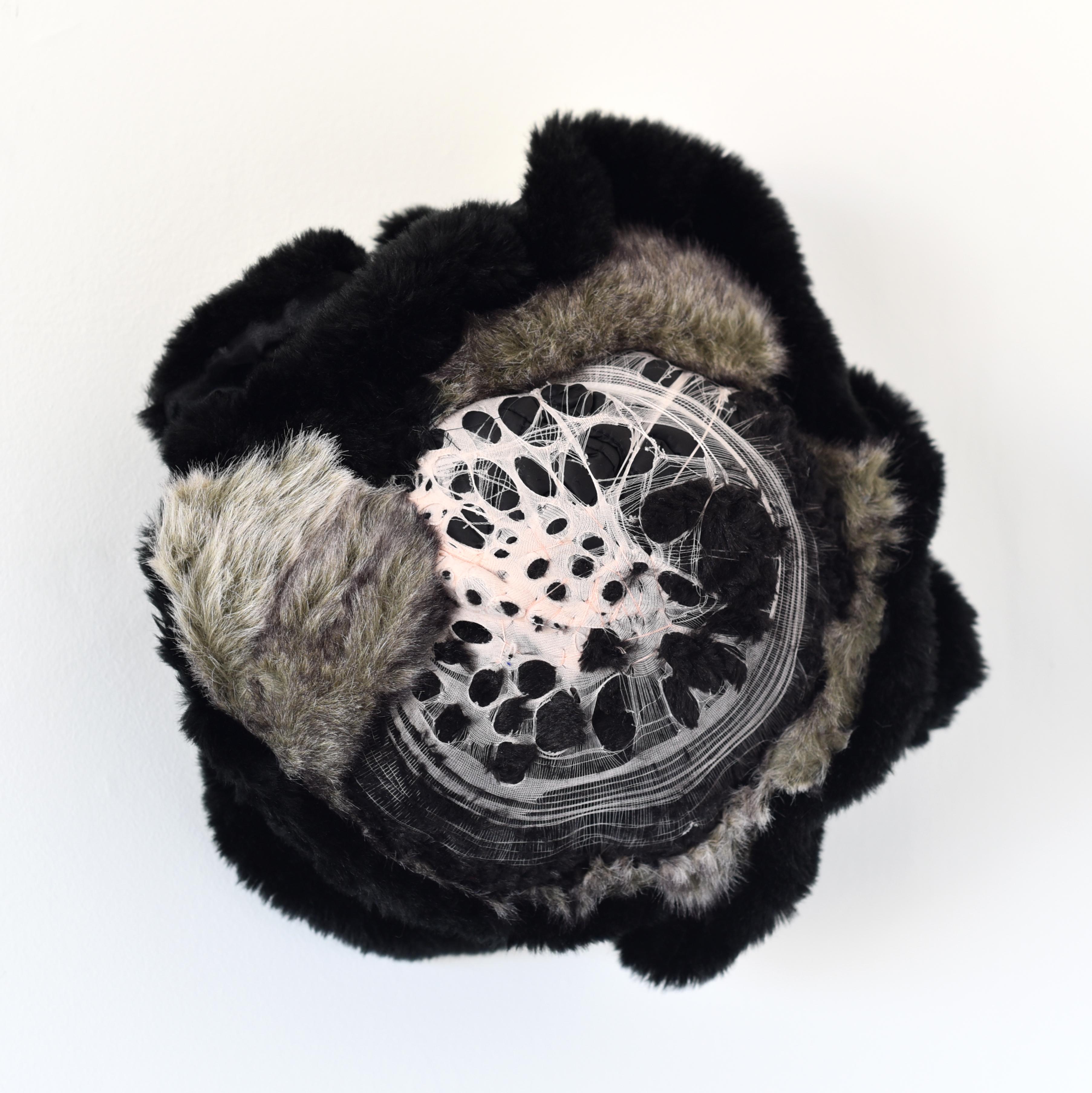 Untitled (circular mixed media abstract wall sculpture fabric black white grey)