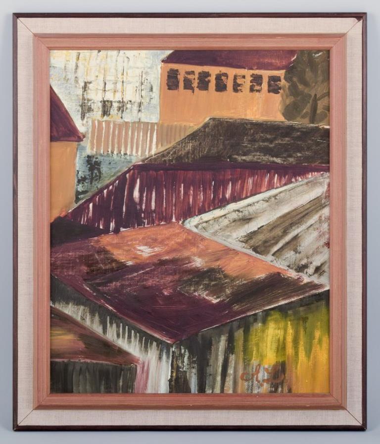 Anna Lindblad, artista svedese. 
Olio su tela.
Paesaggio urbano in stile astratto.
1970s.
Firmato AL.
Condizioni perfette.
Dimensioni: 36 cm x 44 cm.
Totale: 46 cm x 54 cm.