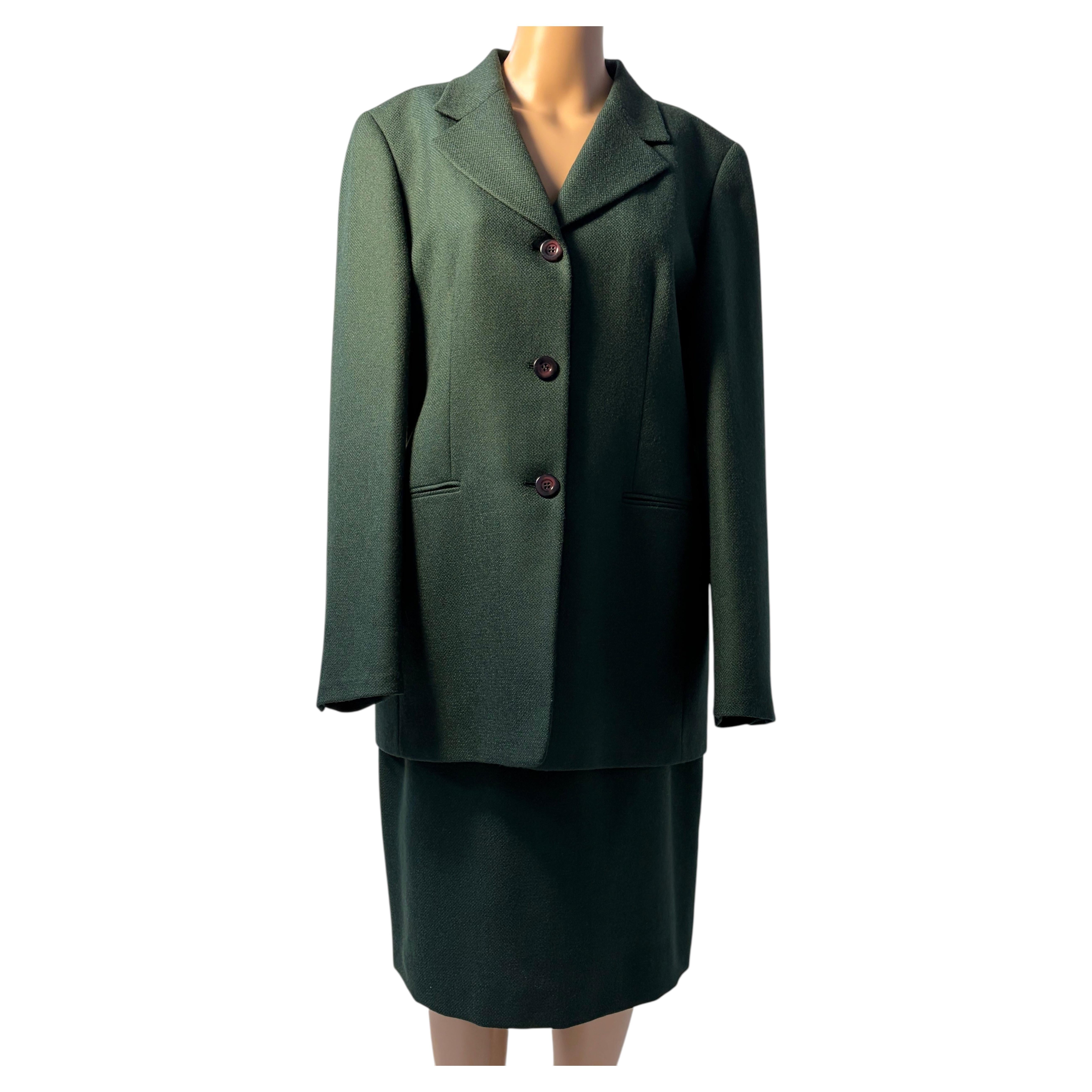 Anna Linder Green Wool Skirt Suit Classic Elegant Tailored Set Size 44 For Sale