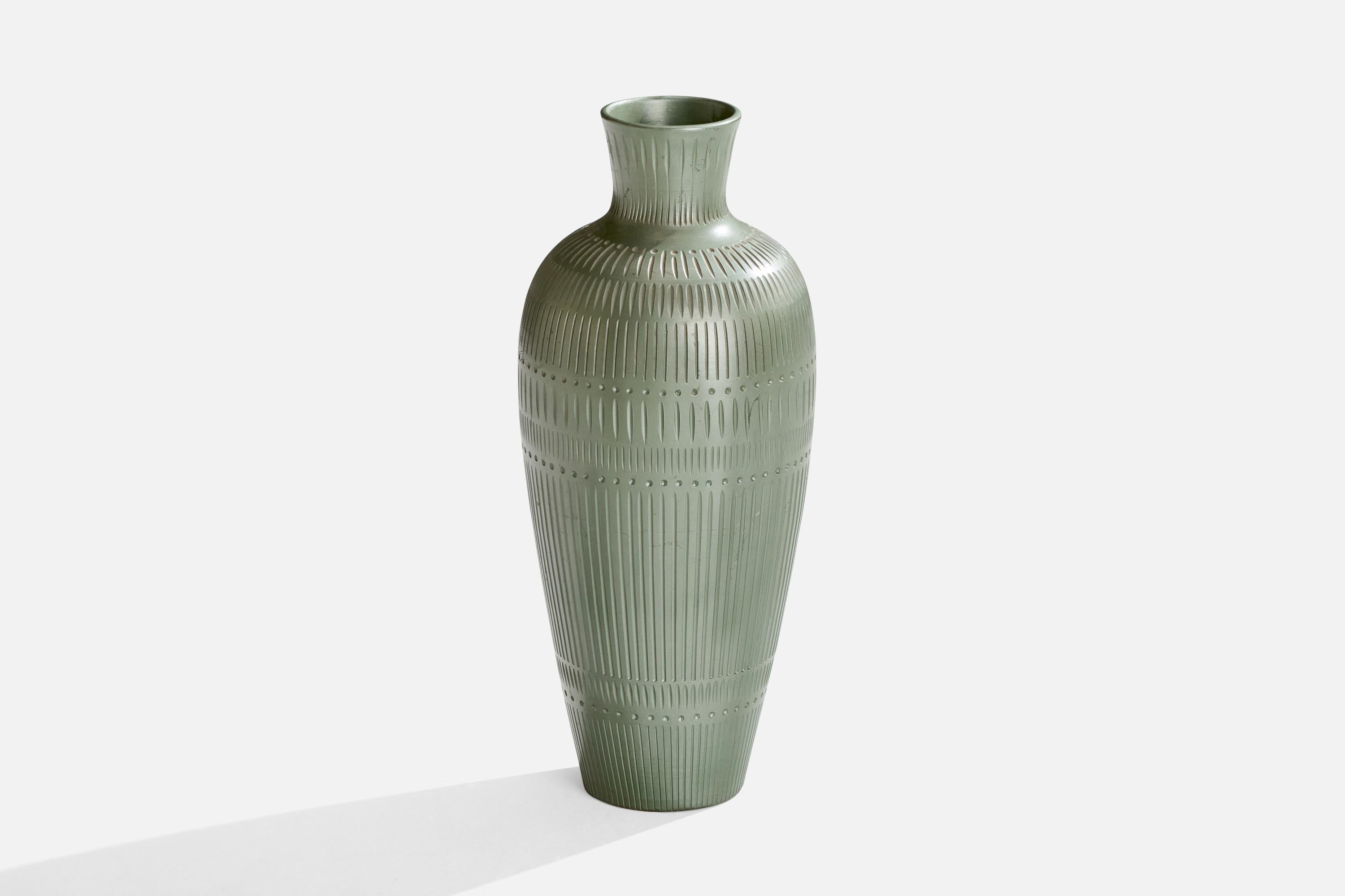 A green-glazed earthenware floor vase designed by Anna-Lisa Thomson and produced by Upsala Ekeby, Sweden, 1940s.
