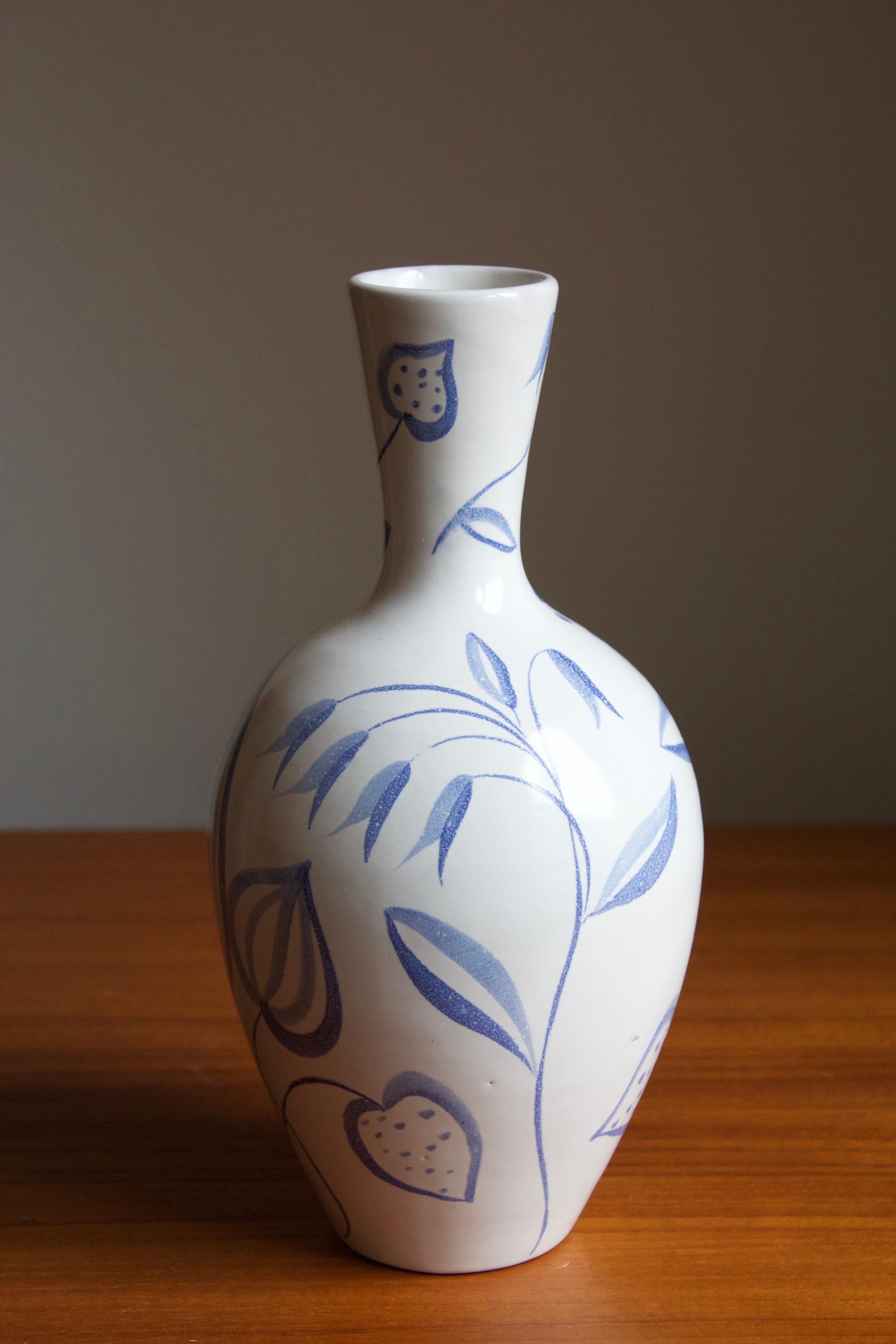 An early modernist vase model Flora. Designed by Anna-Lisa Thomson, for Upsala-Ekeby, Sweden. With stamp including artist's initials. Only produced in 1949.

Other designers of the period include Ettore Sottsass, Carl Harry Stålhane, Lisa Larsson,