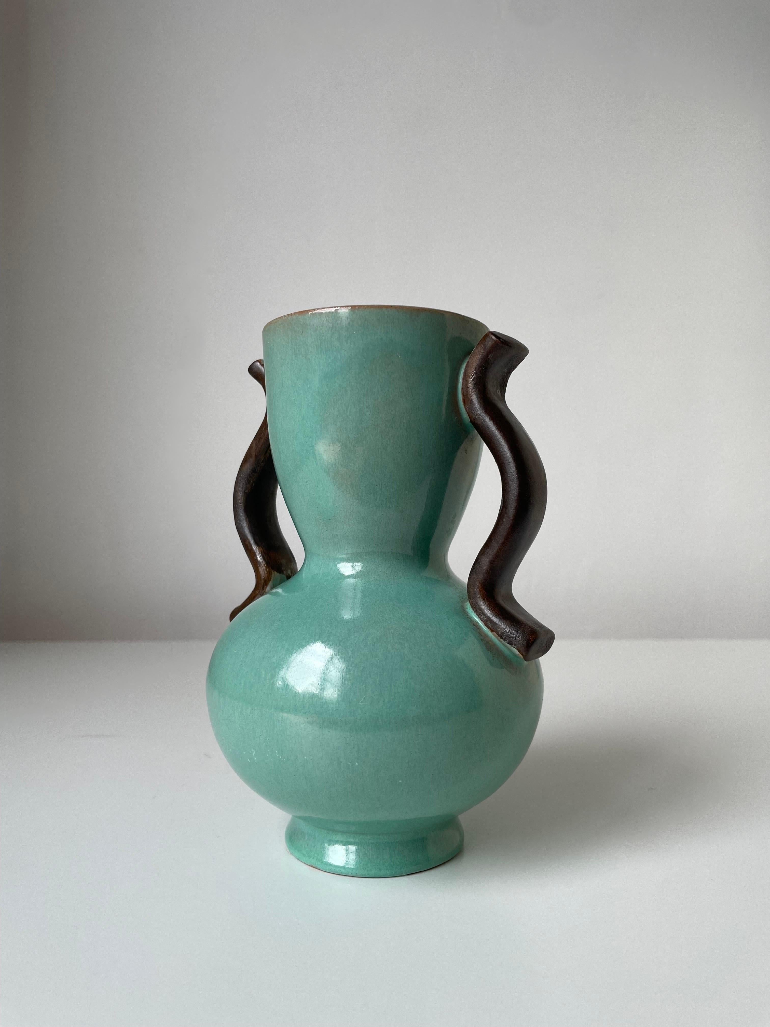 Swedish Anna-Lisa Thomson 1940s Green Ceramic Vase, Upsala Ekeby, Sweden For Sale