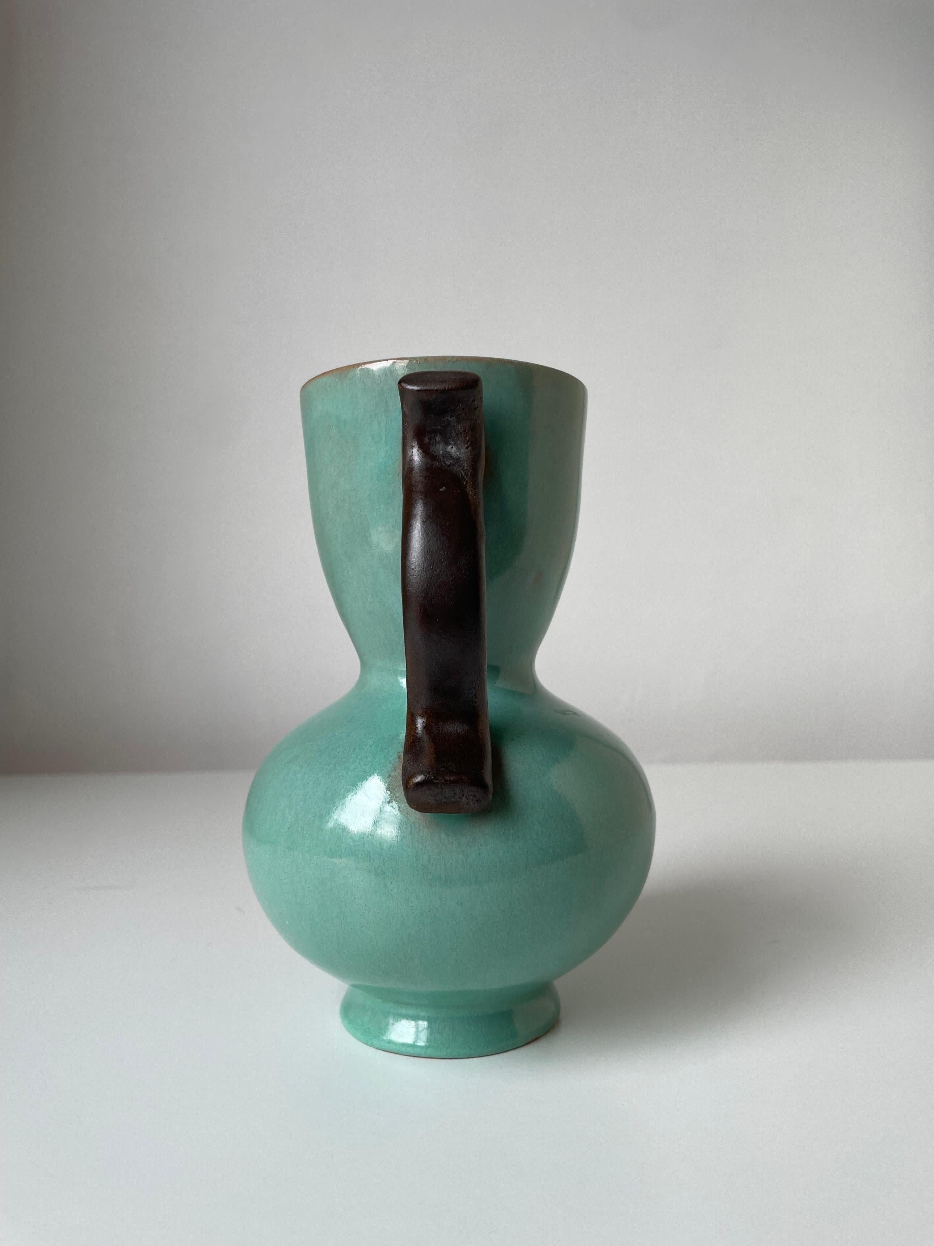Glazed Anna-Lisa Thomson 1940s Green Ceramic Vase, Upsala Ekeby, Sweden For Sale