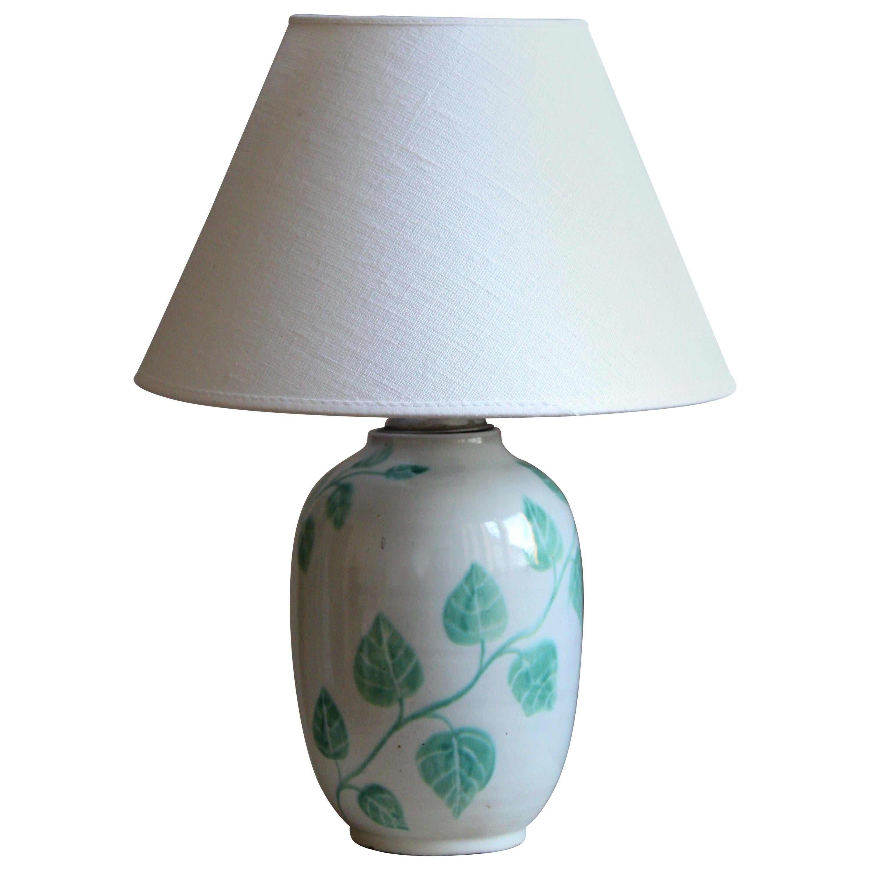 Anna-Lisa Thomson, Table lamp, Glazed Stoneware, Linen Upsala-Ekeby Sweden 1940s