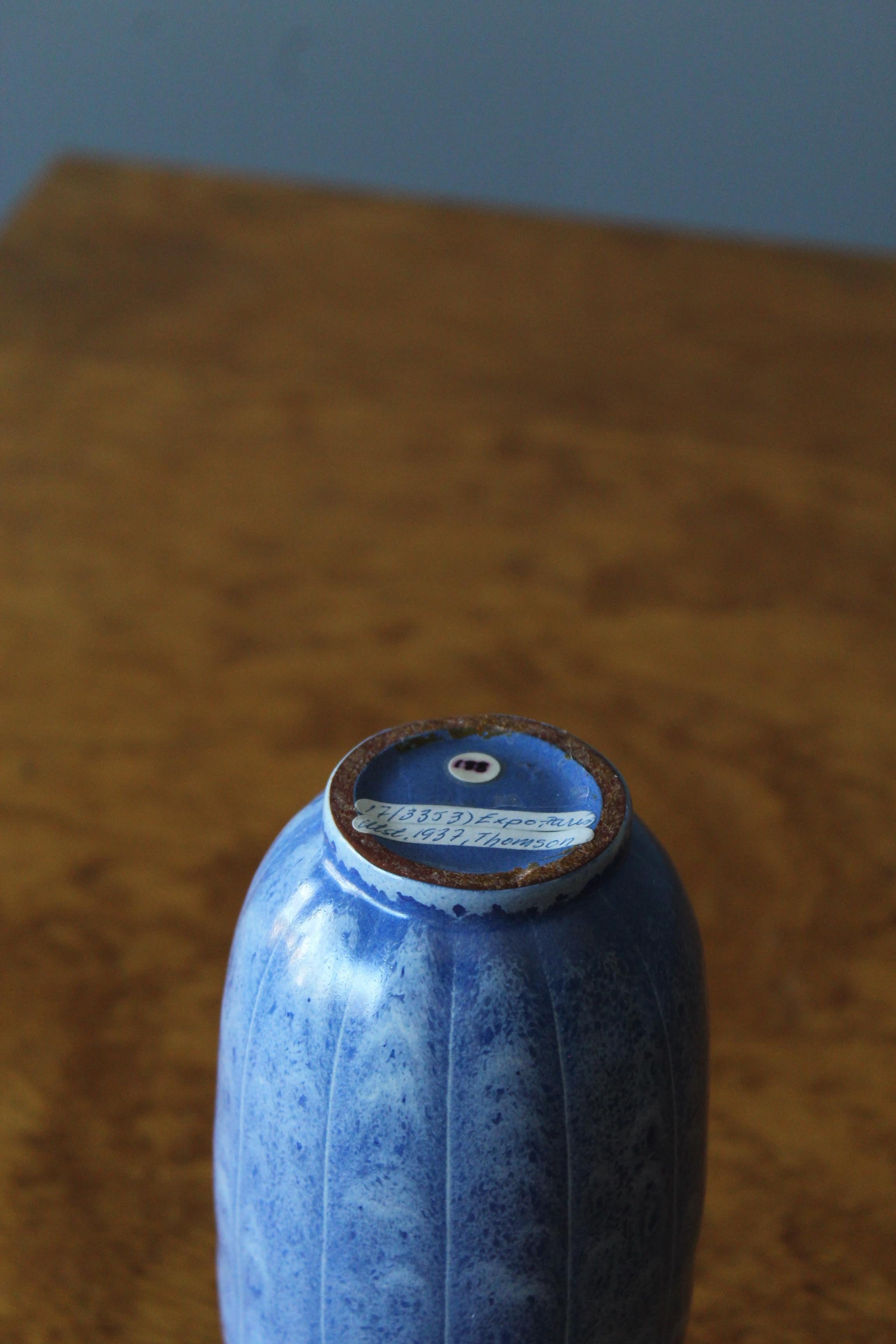 Swedish Anna-Lisa Thomson, Vase, Blue Glazed Ceramic, Upsala-Ekeby Sweden, 1937