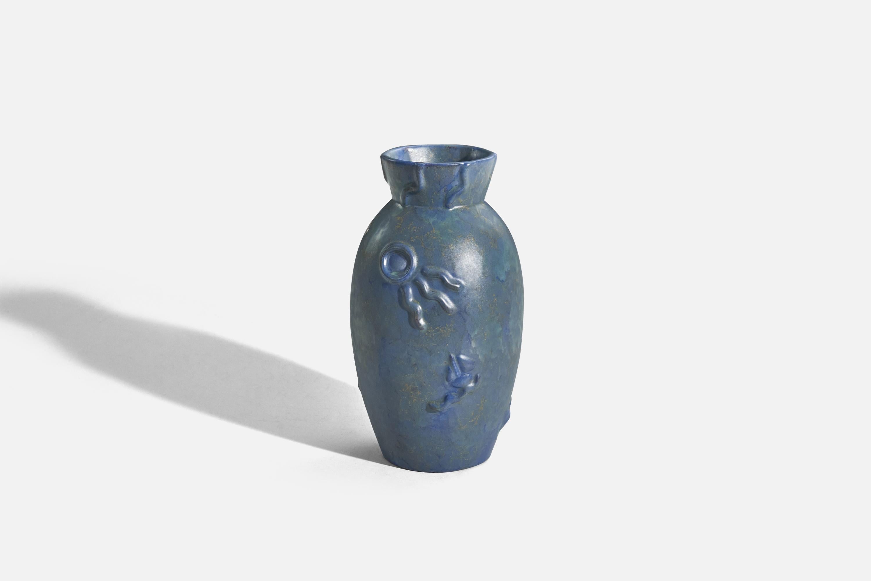 A blue vase designed by Anna-Lisa Thomson and produced by Upsala-Ekeby, Sweden, c. 1940s. 

