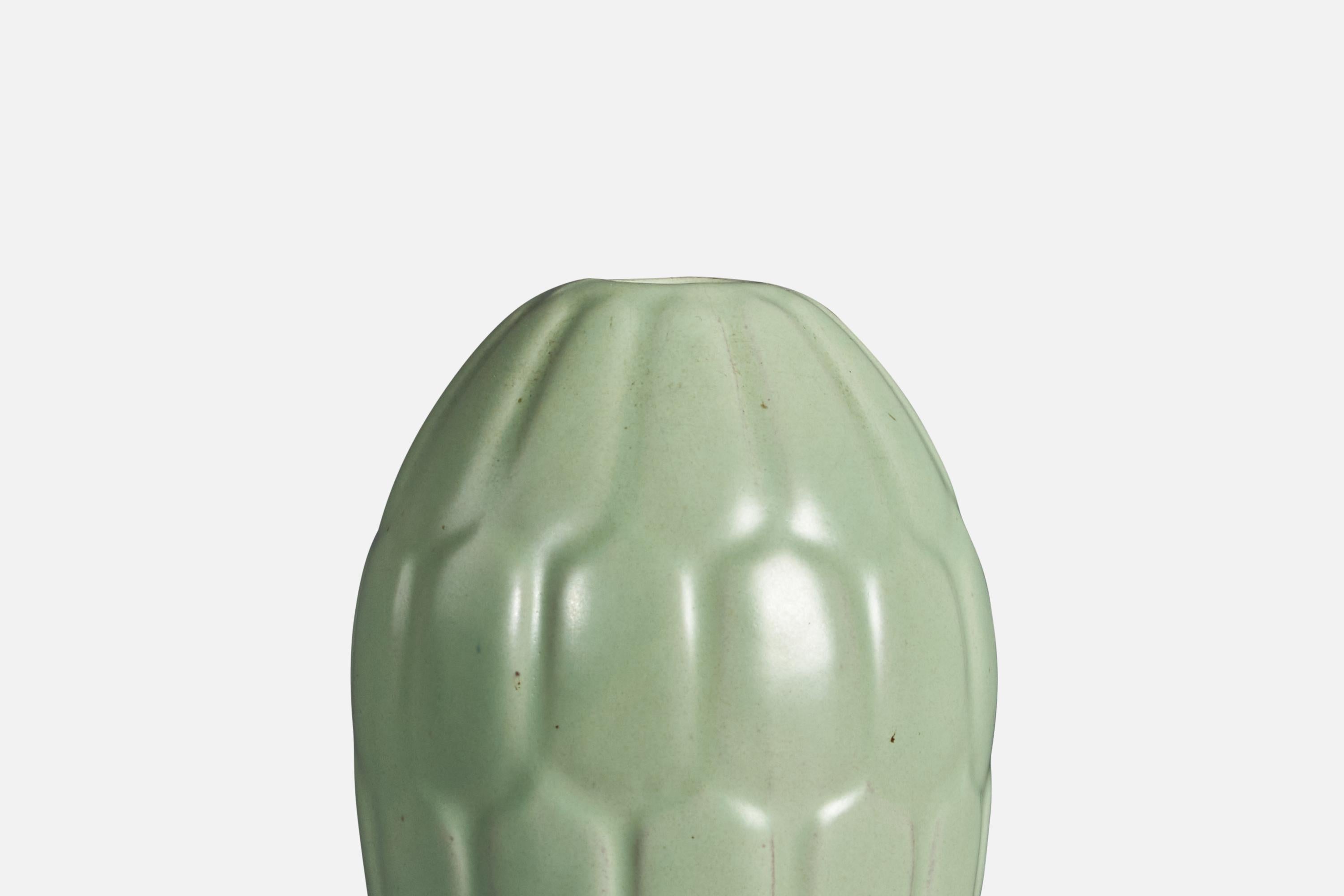 A green-glazed earthenware vase designed by Anna-Lisa Thompson, and produced by Upsala Ekeby, Sweden, 1930s.