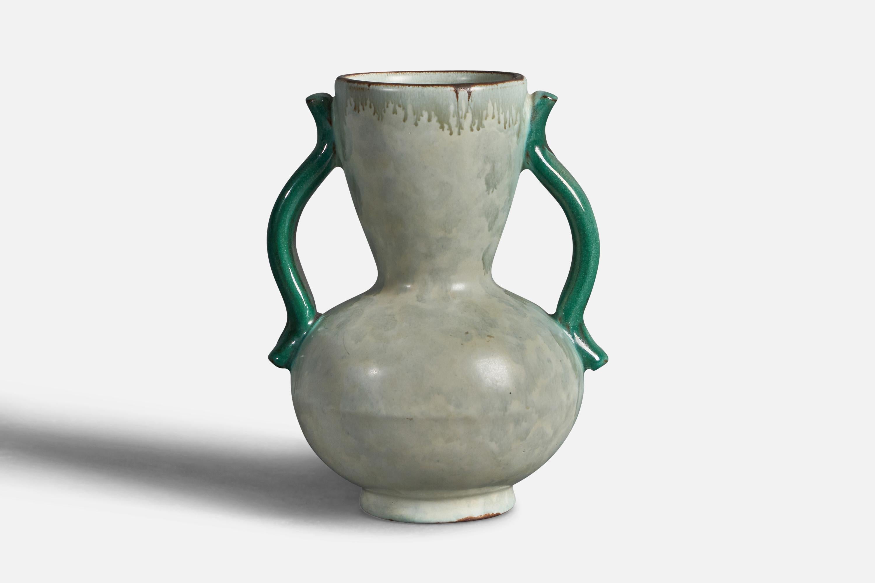 A white and green-glazed earthenware vase designed by Anna-Lisa Thomson and produced by Upsala Ekeby, Sweden, 1930s.