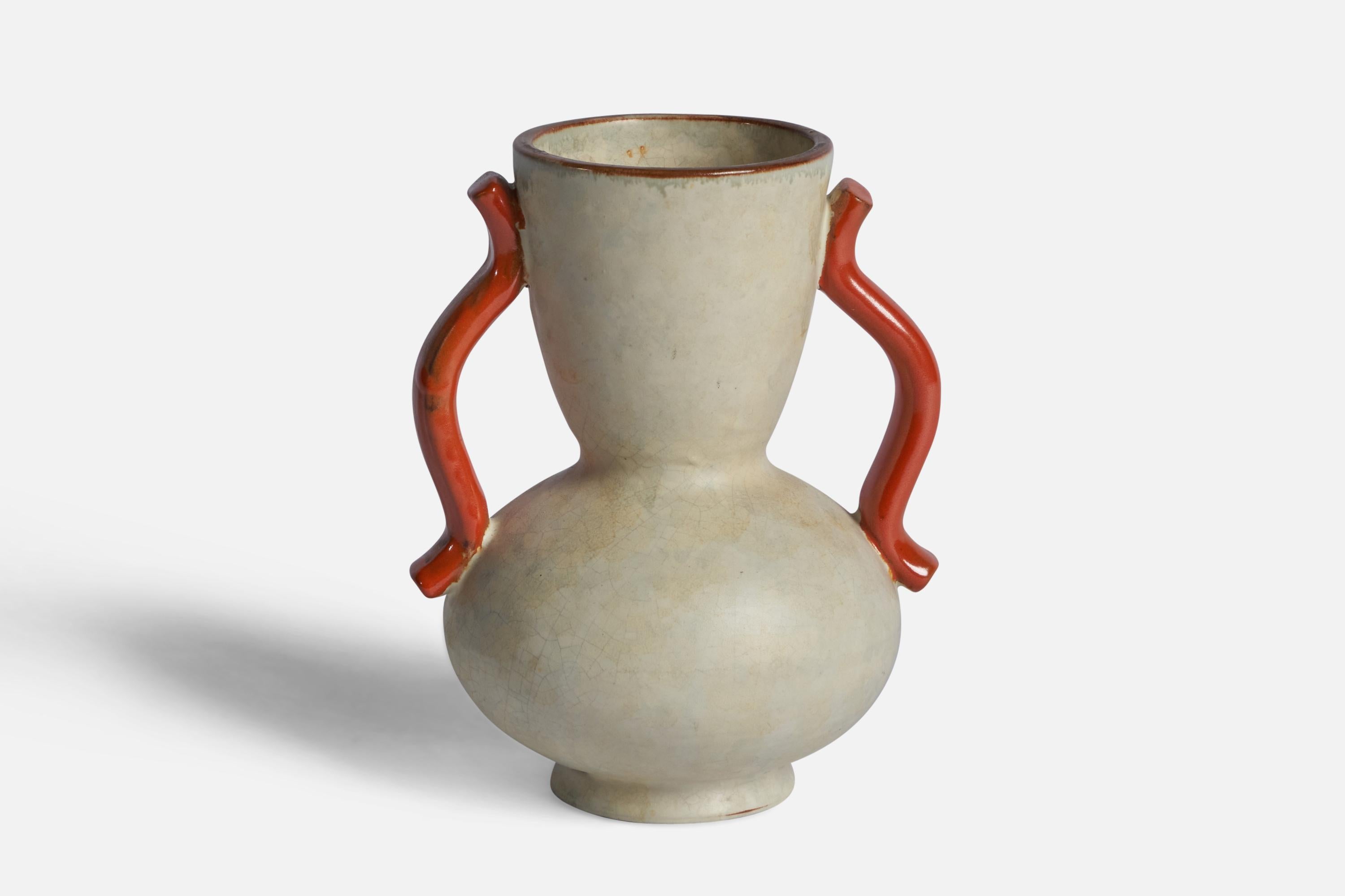 An off-white and orange-glazed earthenware vase designed by Anna-Lisa Thomson and produced by Upsala Ekeby, Sweden, 1930s.