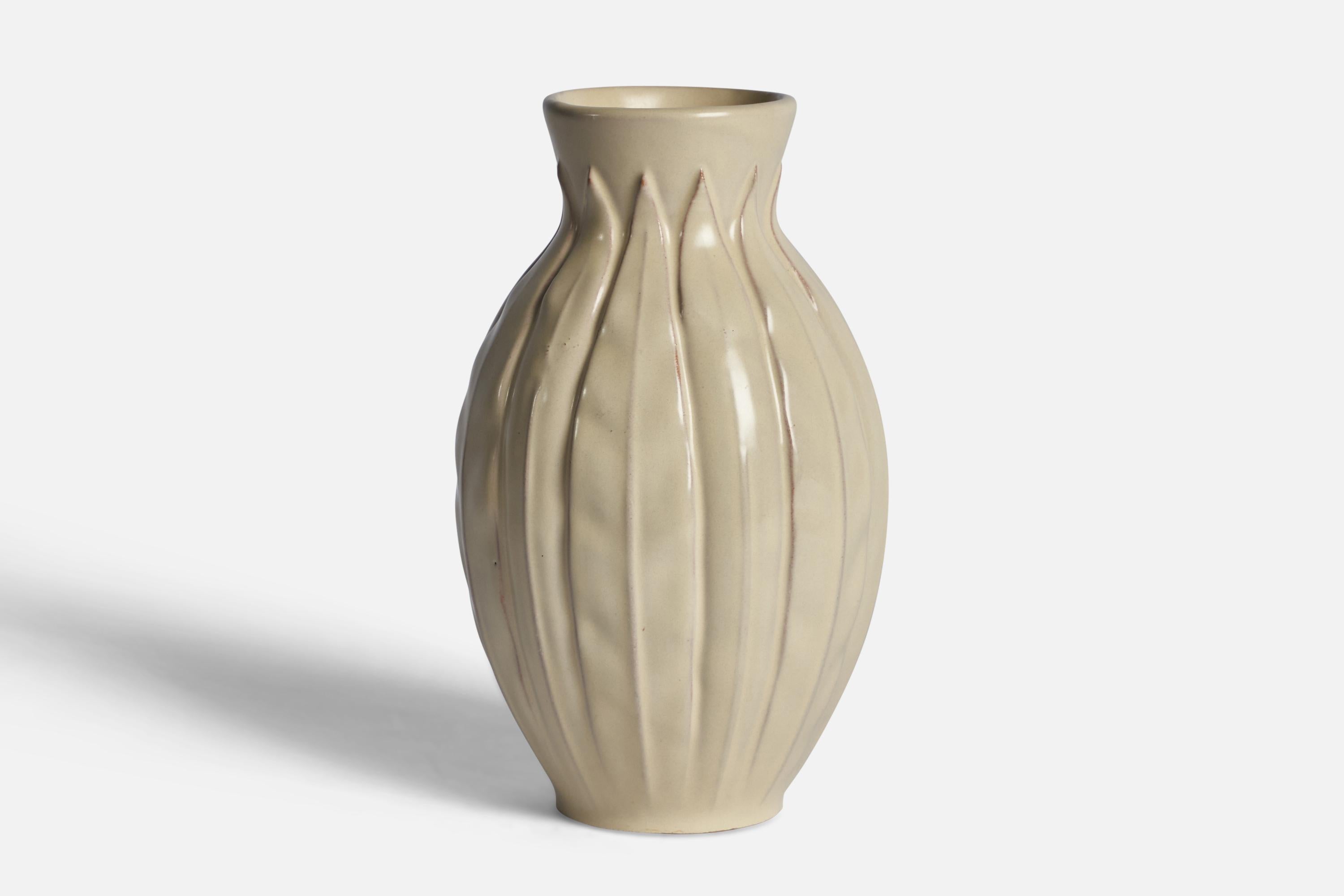 An off-white glazed earthenware vase designed by Anna-Lisa Thomson and produced by Upsala Ekeby, Sweden, 1930s.