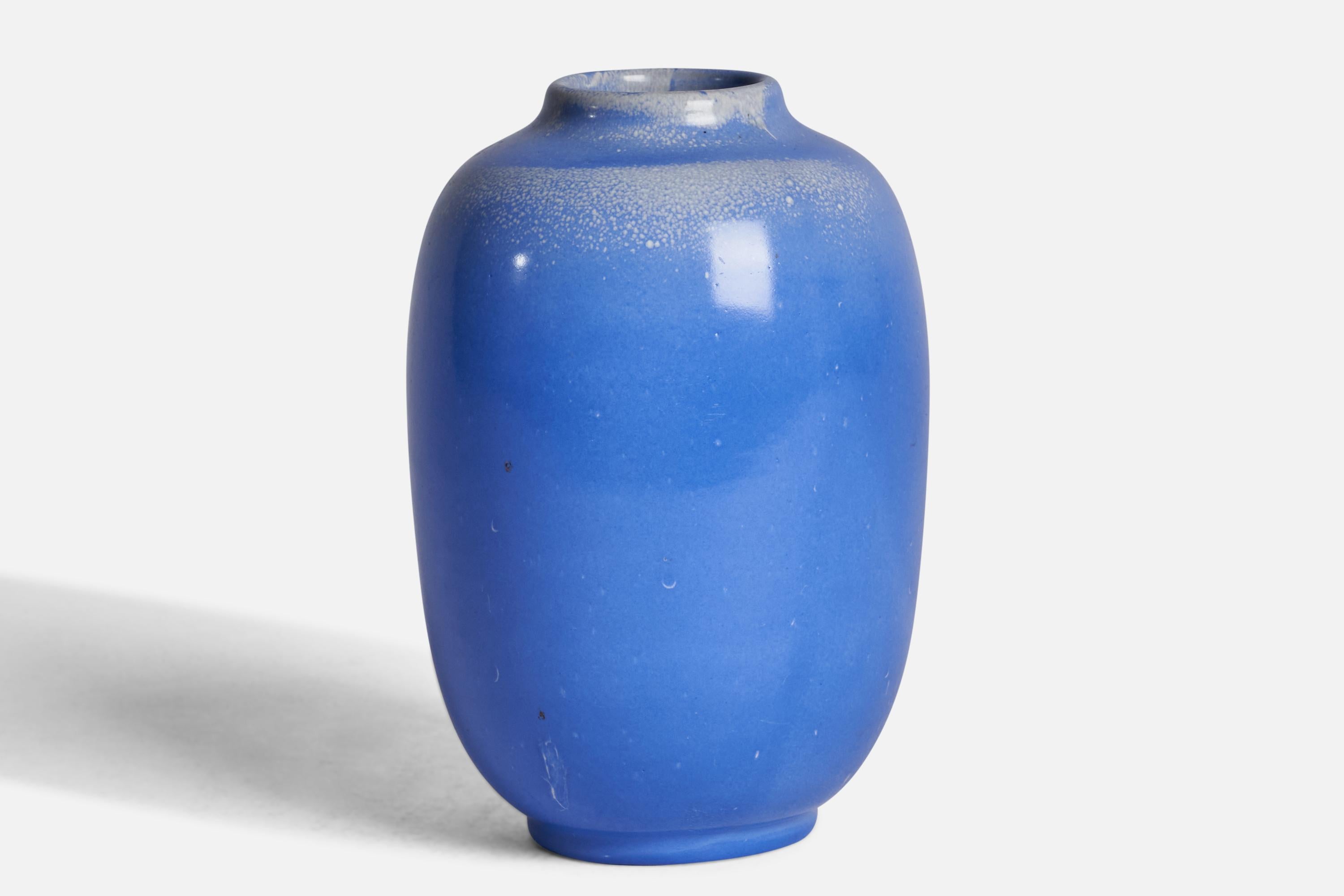 A blue-glazed earthenware vase designed by Anna-Lisa Thomson and produced by Upsala Ekeby, Sweden, 1930s.