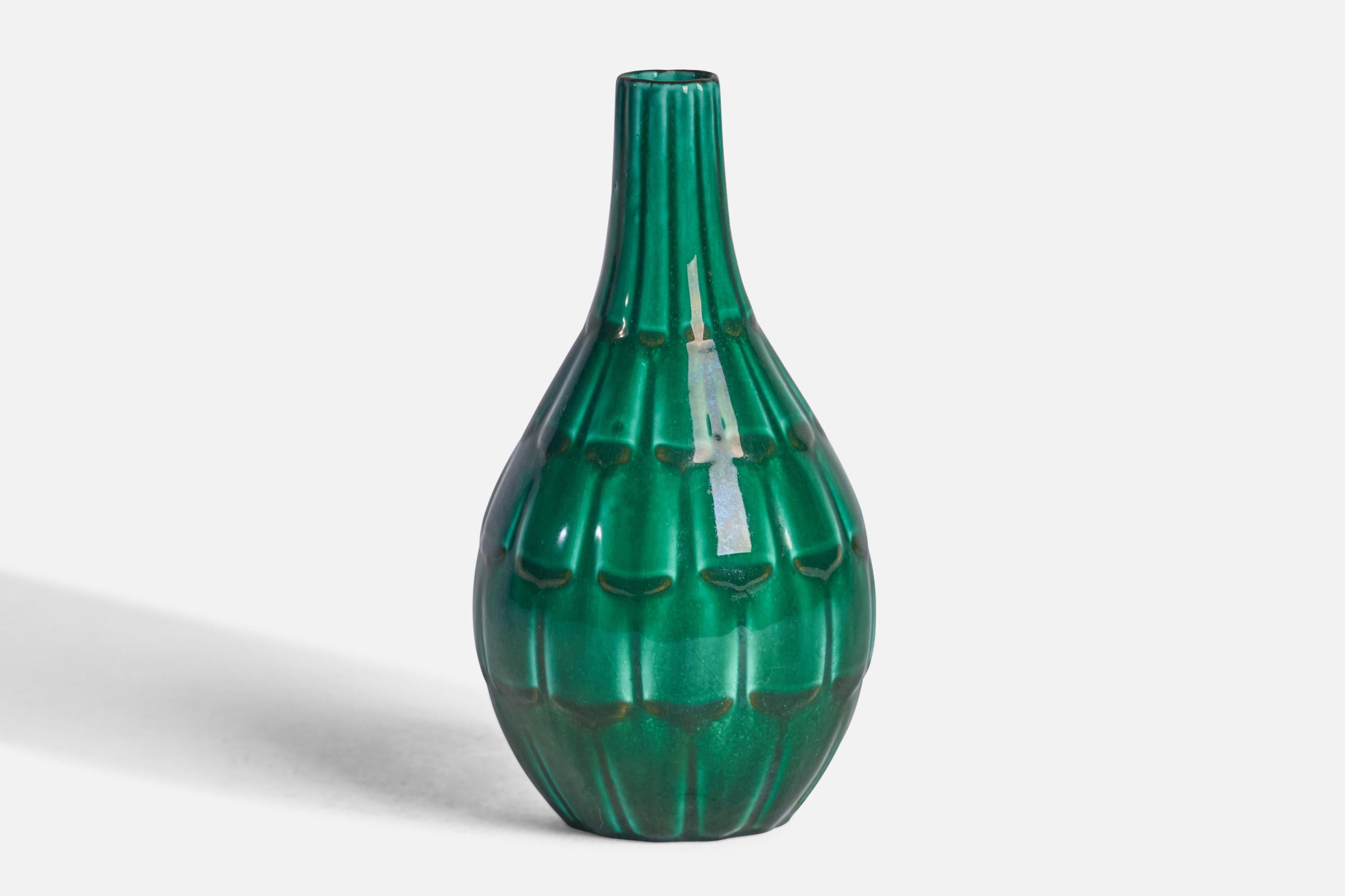 A green-glazed earthenware vase designed by Anna-Lisa Thomson and produced by Upsala Ekeby, Sweden, 1930s.