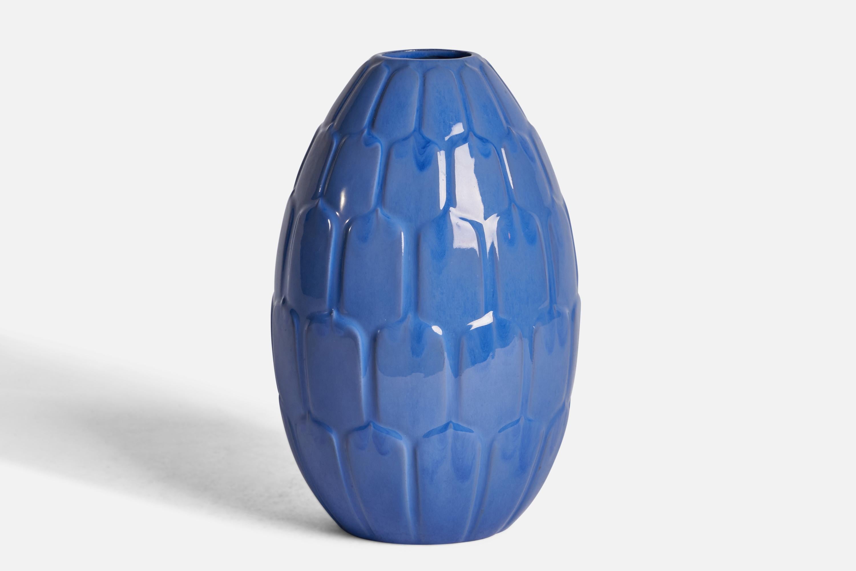 A blue-glazed earthenware vase designed by Anna-Lisa Thomson and produced by Upsala Ekeby, Sweden, c. 1930s.