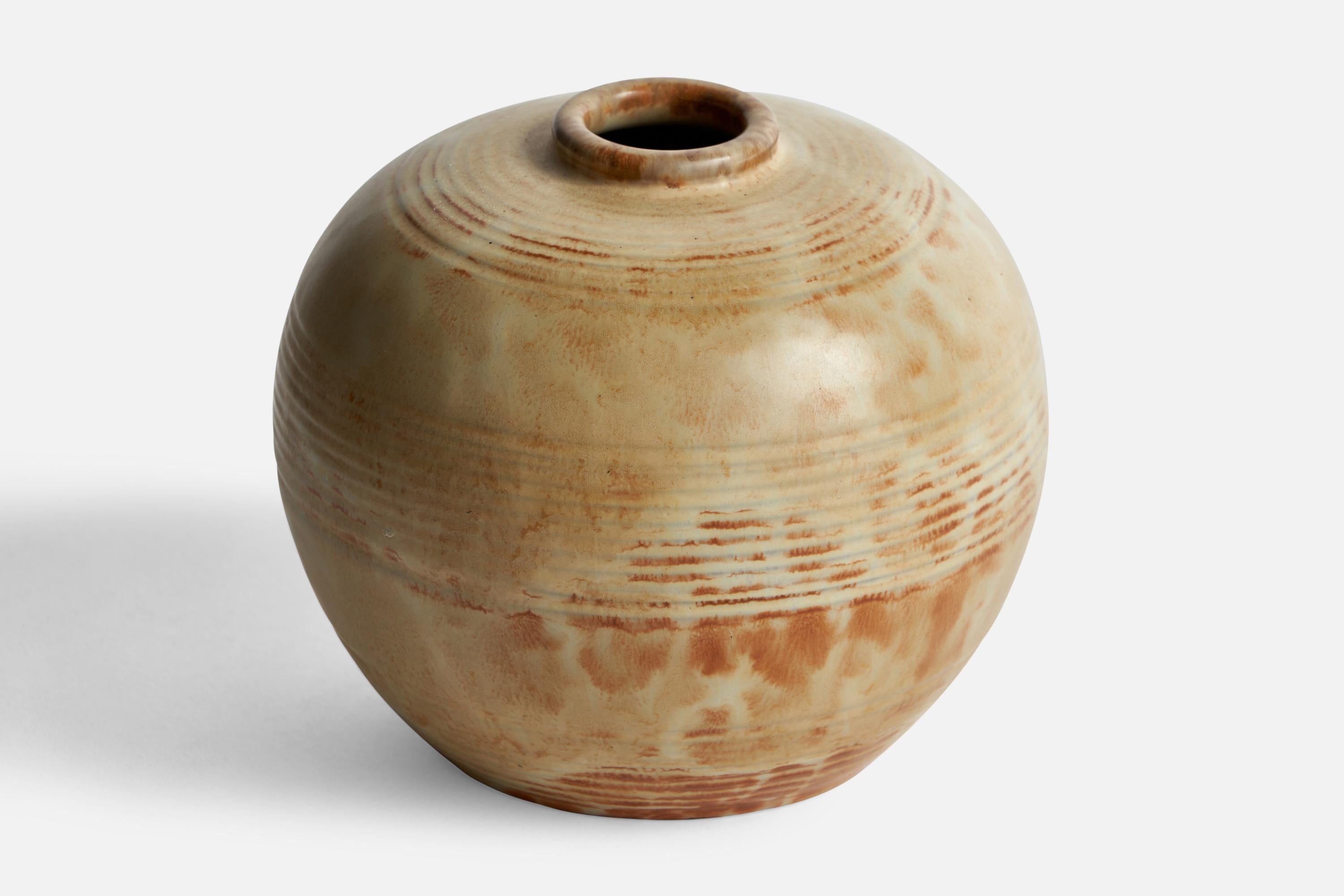 A beige and brown-glazed incised earthenware vase designed by Anna-Lisa Thomson and produced by Upsala Ekeby, Sweden, 1930s.