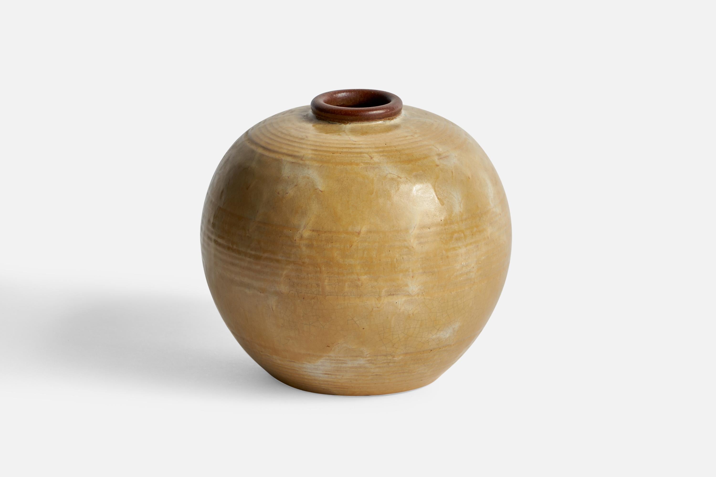 A beige and brown-glazed earthenware vase designed by Anna-Lisa Thomson and produced by Upsala Ekeby, Sweden, 1930s.