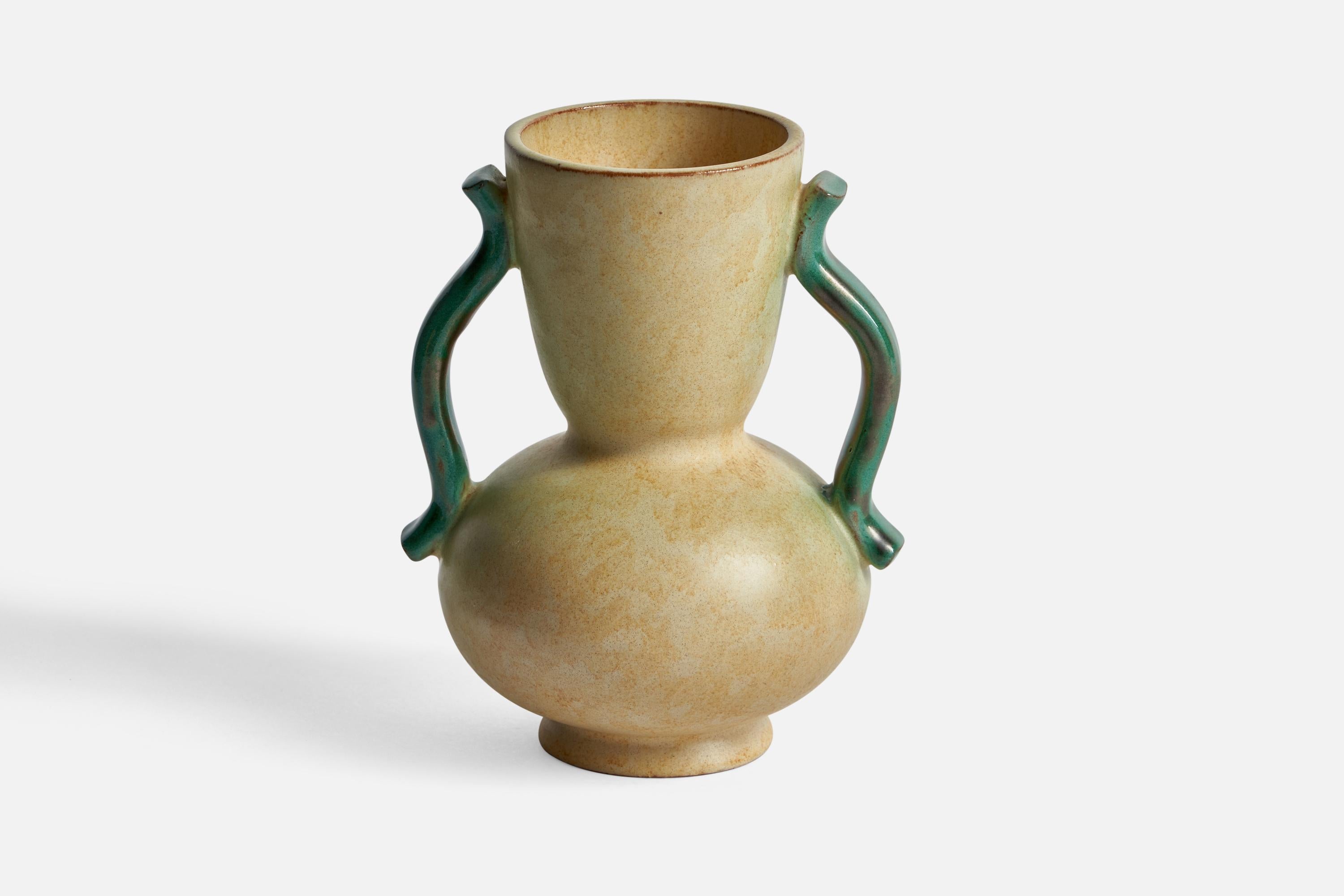 A beige and green-glazed earthenware vase designed by Anna-Lisa Thomson and produced by Upsala Ekeby, Sweden, 1930s.