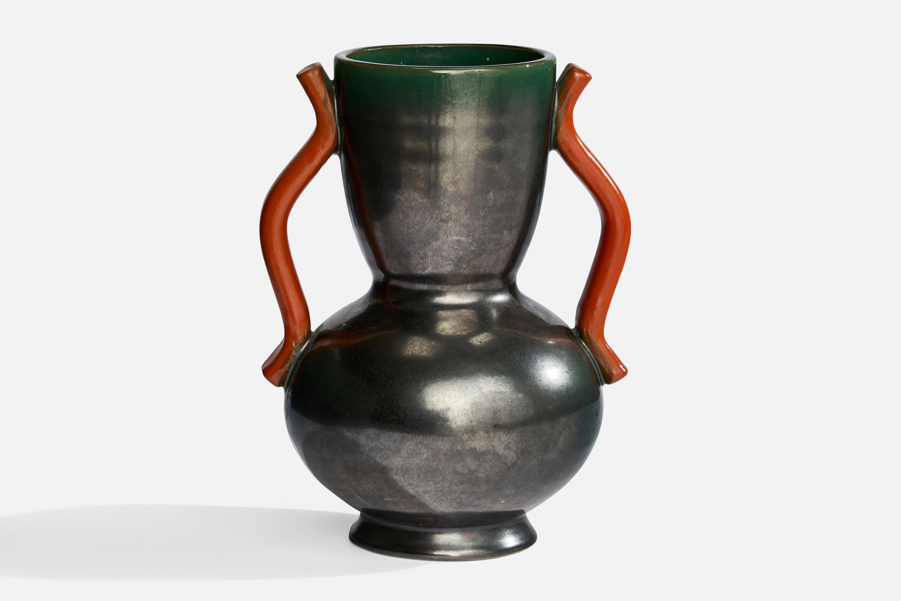 An orange and green-glazed earthenware vase designed by Anna-Lisa Thomson and produced by Upsala Ekeby, Sweden, 1930s.