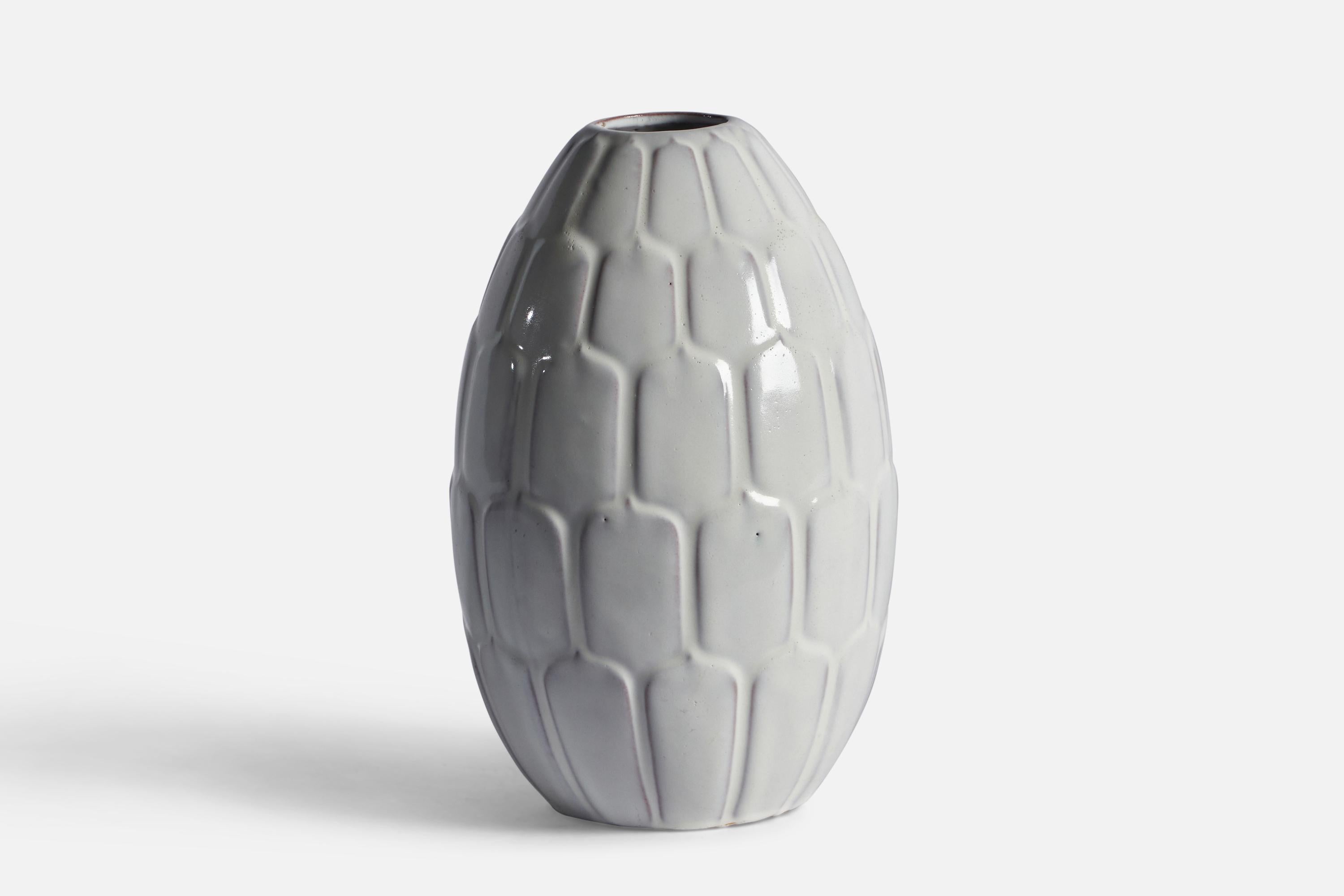A white-glazed earthenware vase designed by Anna Lisa Thomson and produced by Upsala Ekeby, Sweden, 1940s.