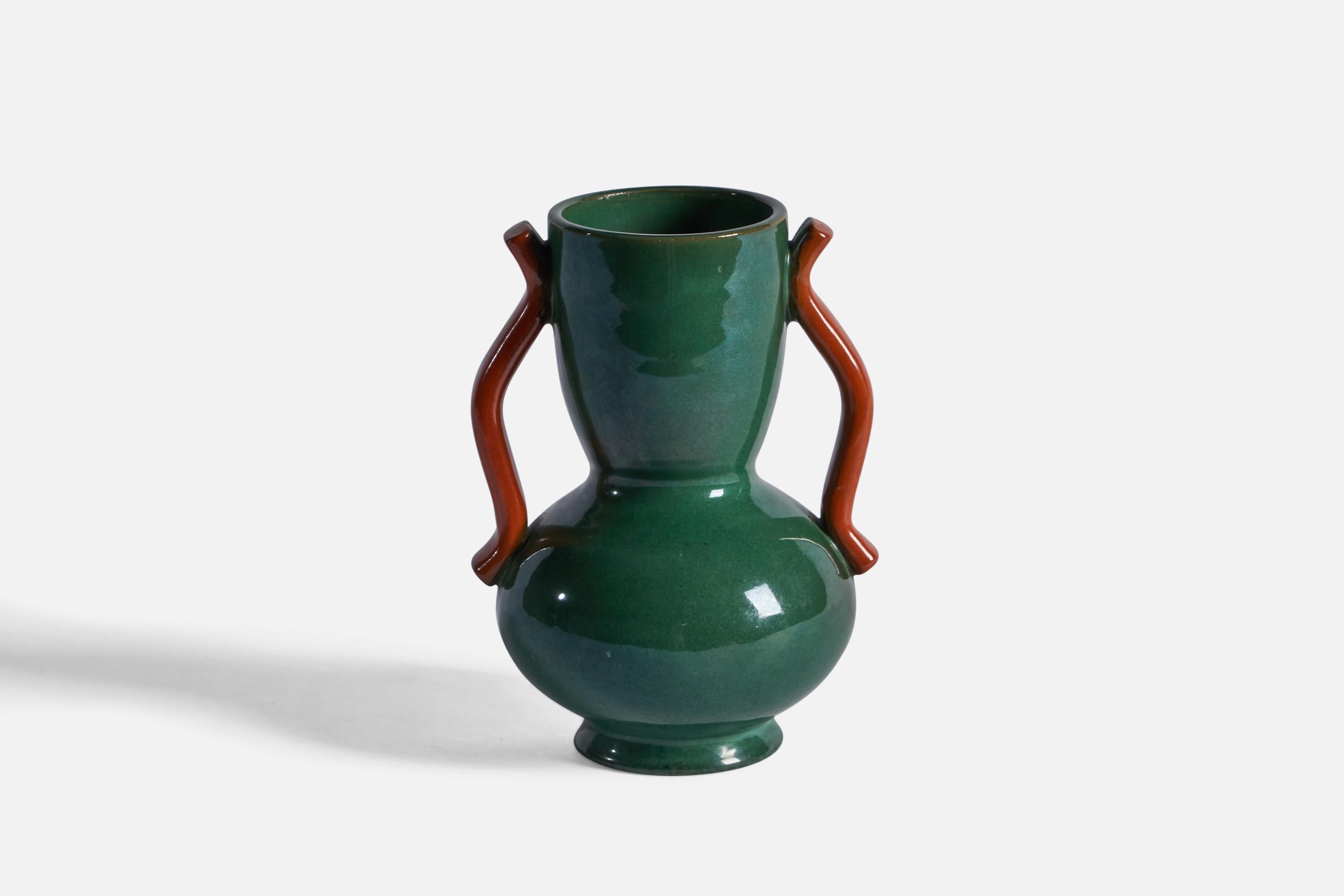 A green and orange-glazed earthenware vase, designed by Anna Lisa Thomson and produced by Upsala Ekeby, Sweden, c. 1940s.