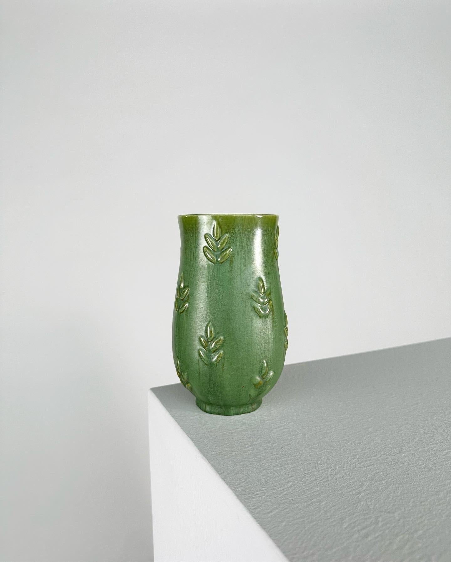 Mid-Century Modern Anna Lisa Thomson Vase Gefle Sweden Ceramic Relief Green, 1930s For Sale