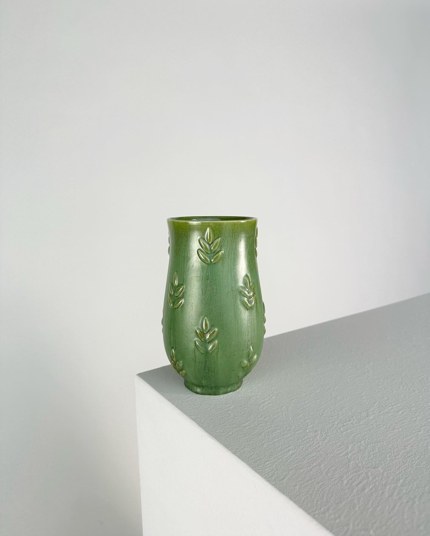 European Anna Lisa Thomson Vase Gefle Sweden Ceramic Relief Green, 1930s For Sale