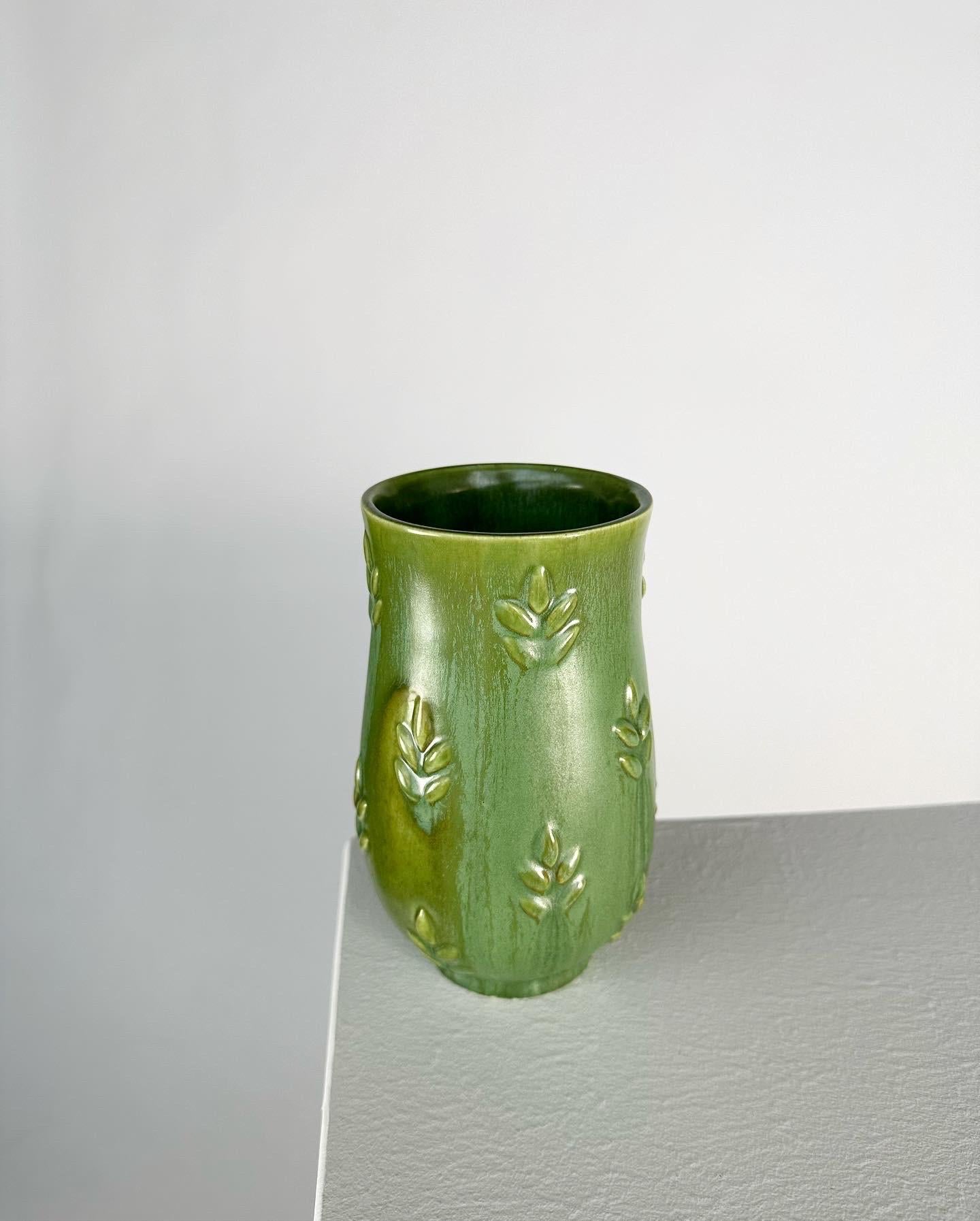 Mid-20th Century Anna Lisa Thomson Vase Gefle Sweden Ceramic Relief Green, 1930s For Sale
