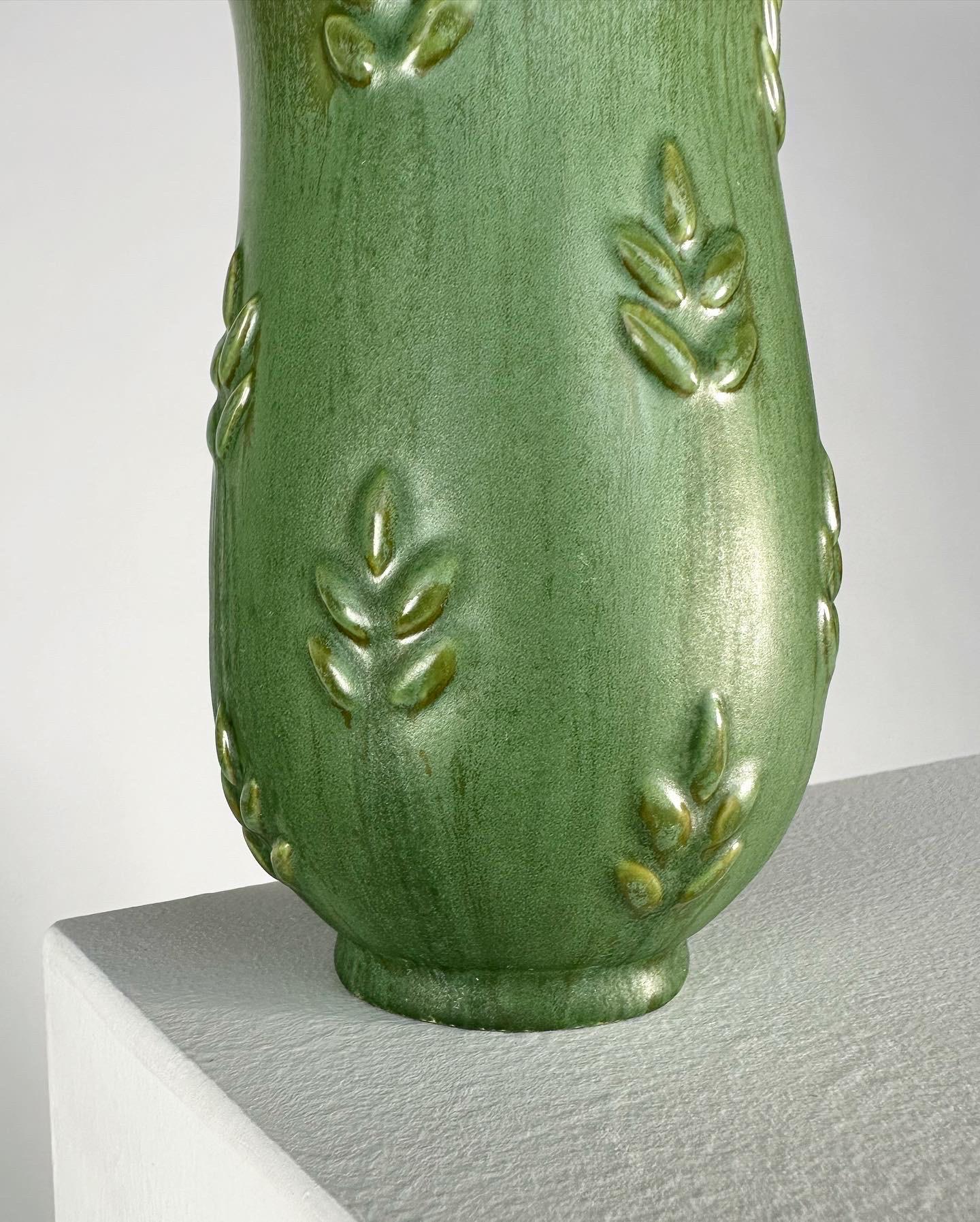 Anna Lisa Thomson Vase Gefle Sweden Ceramic Relief Green, 1930s For Sale 1